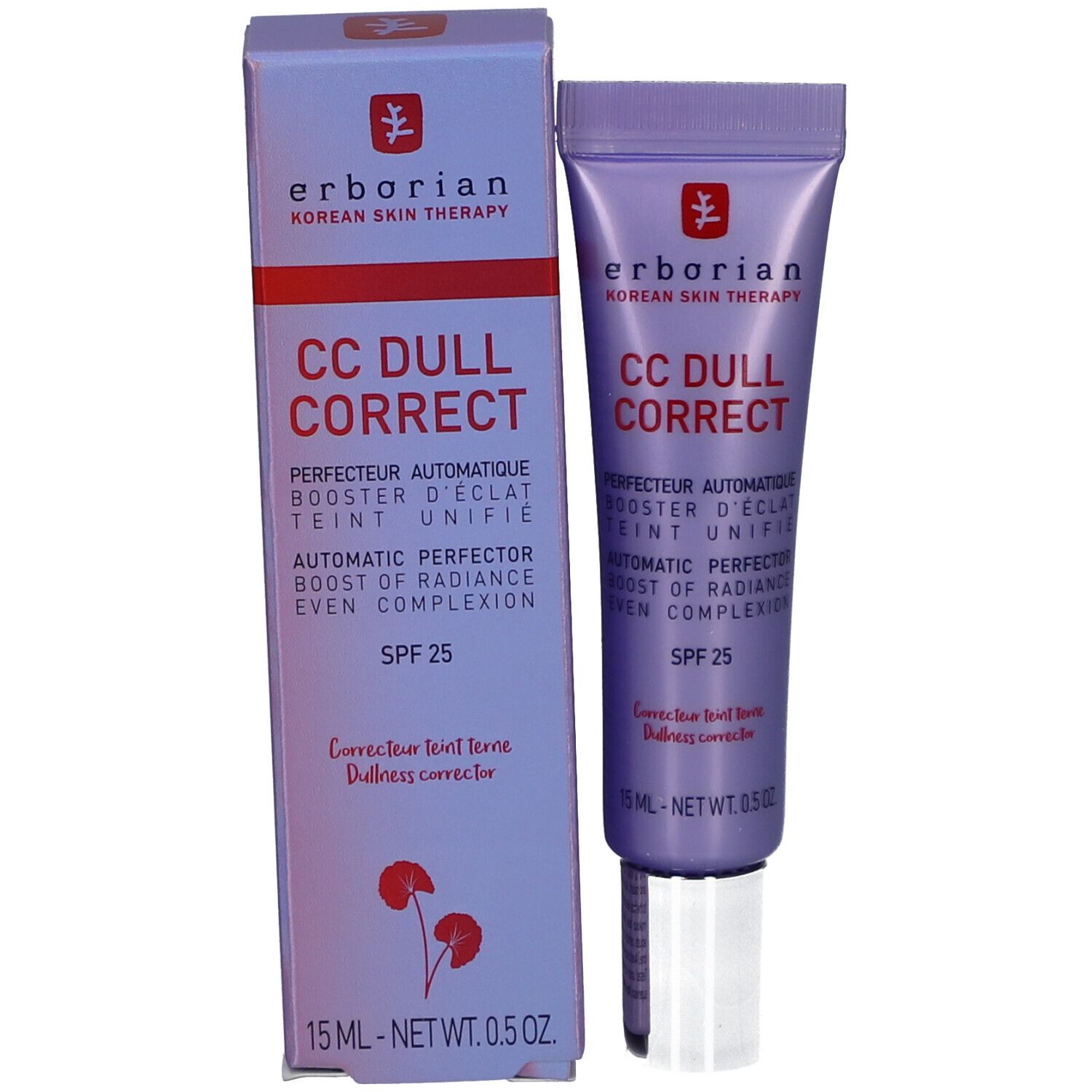 CC Dull Correct Tube und Verpackung. Lila Verpackung. Text: SPF 25, 15 ml.