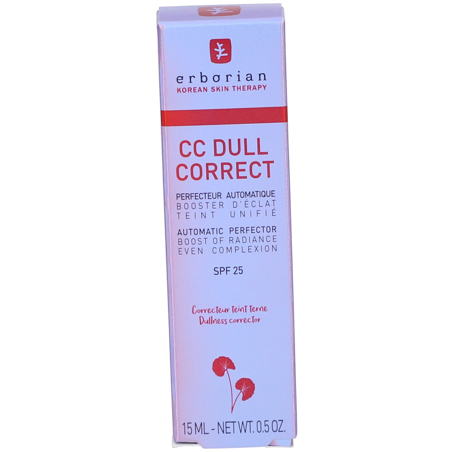 Verpackung von CC Dull Correct. Lila Verpackung. Text: SPF 25, 15 ml.