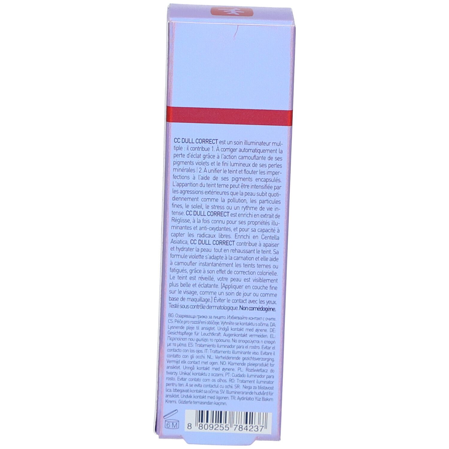 Verpackung von CC Dull Correct. Text auf Französisch. Lila Verpackung.