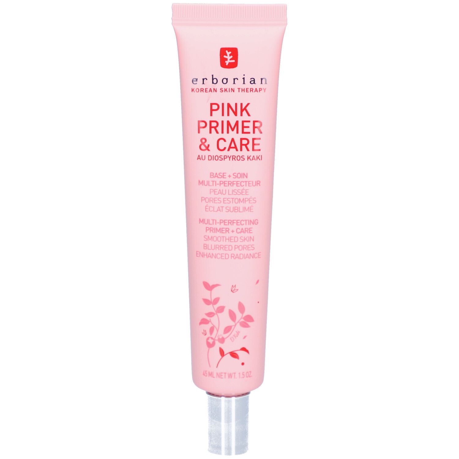 Rosa Tube mit Produktnamen und Logo. Text: Pink Primer & Care. Silberne Kappe. 1.5 oz.