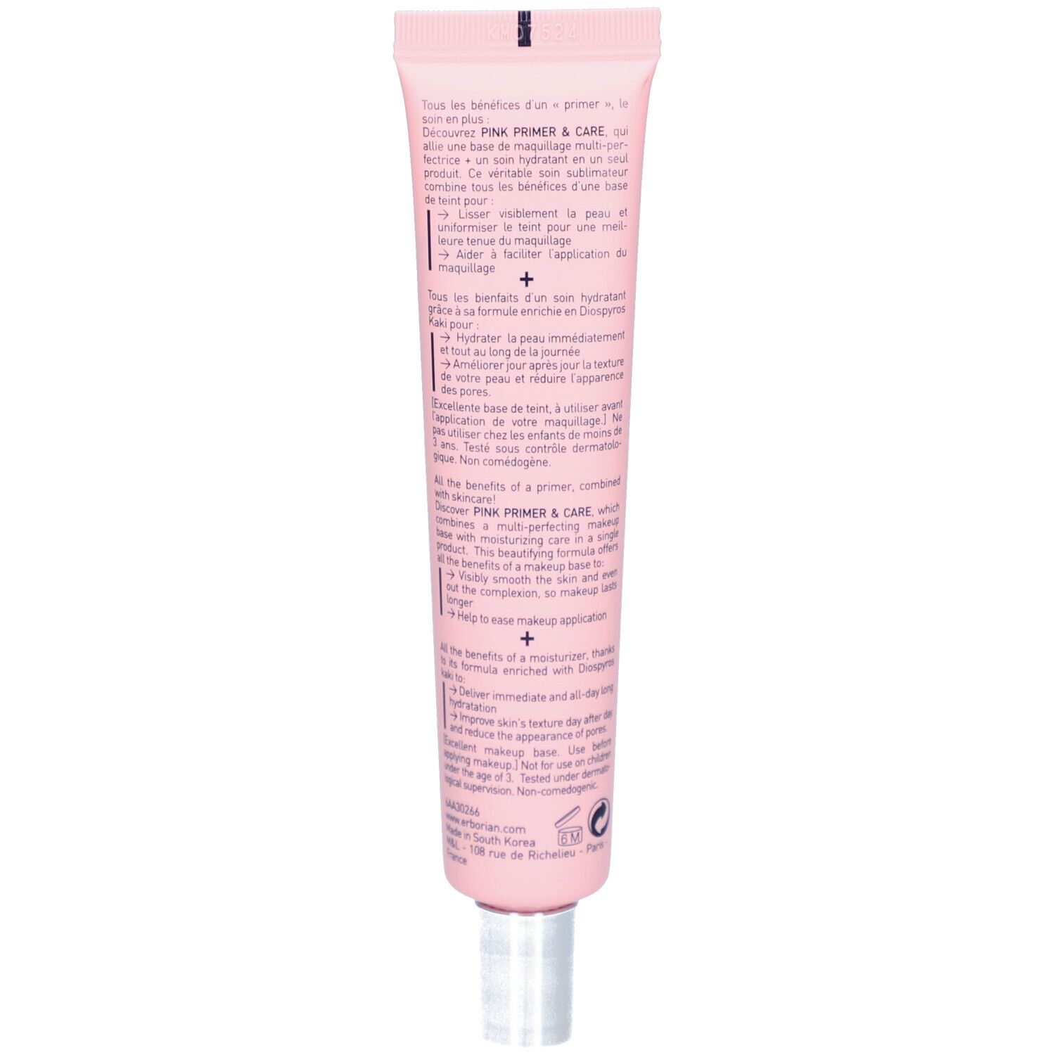 Rückseite der rosa Tube. Text in mehreren Sprachen. Silberne Kappe. Produktname: Pink Primer & Care.