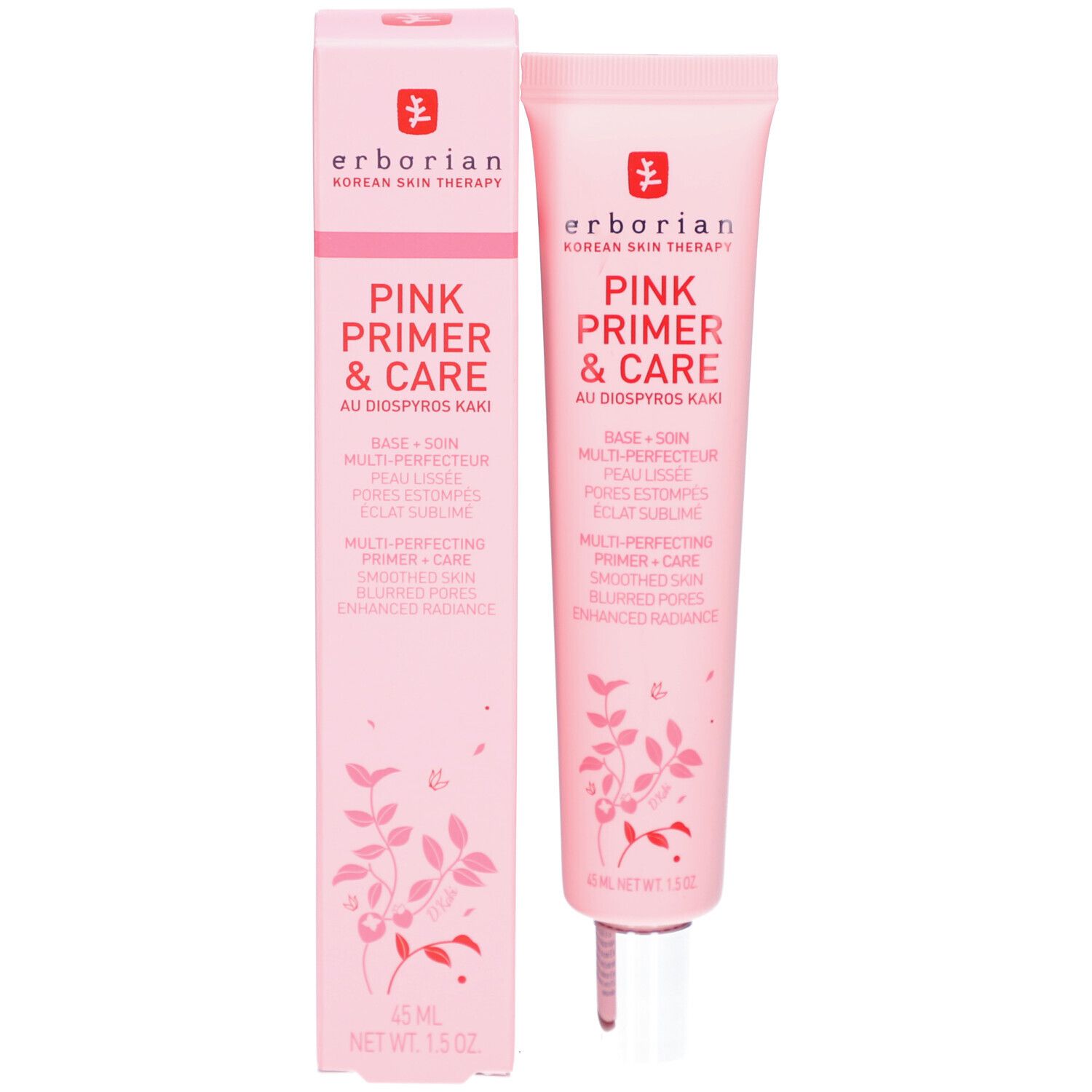 Rosa Schachtel und Tube. Produktname: Pink Primer & Care. Logo und Text. 1.5 oz. 45 ml.