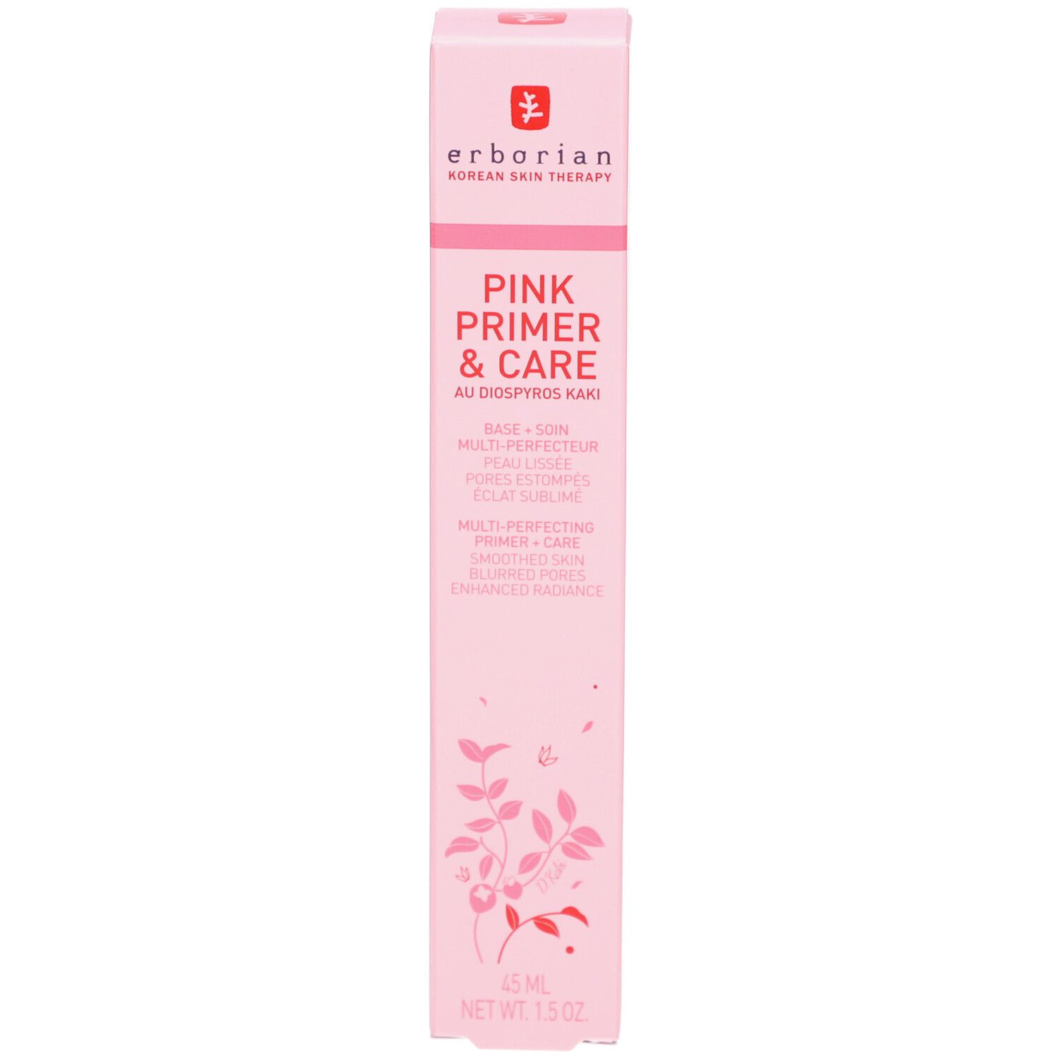 Rosa Schachtel. Produktname: Pink Primer & Care. Logo und Text. 1.5 oz. 45 ml.