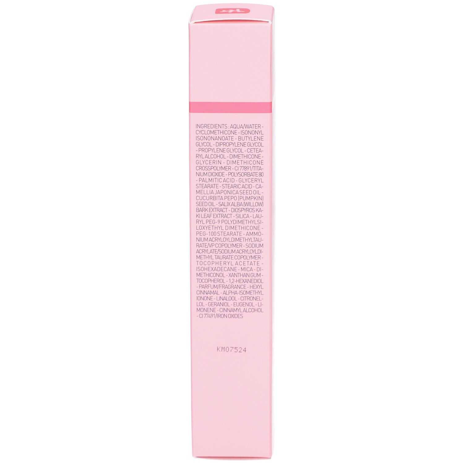 Rückseite der rosa Schachtel. Inhaltsstoffe und Text. Produktname: Pink Primer & Care.
