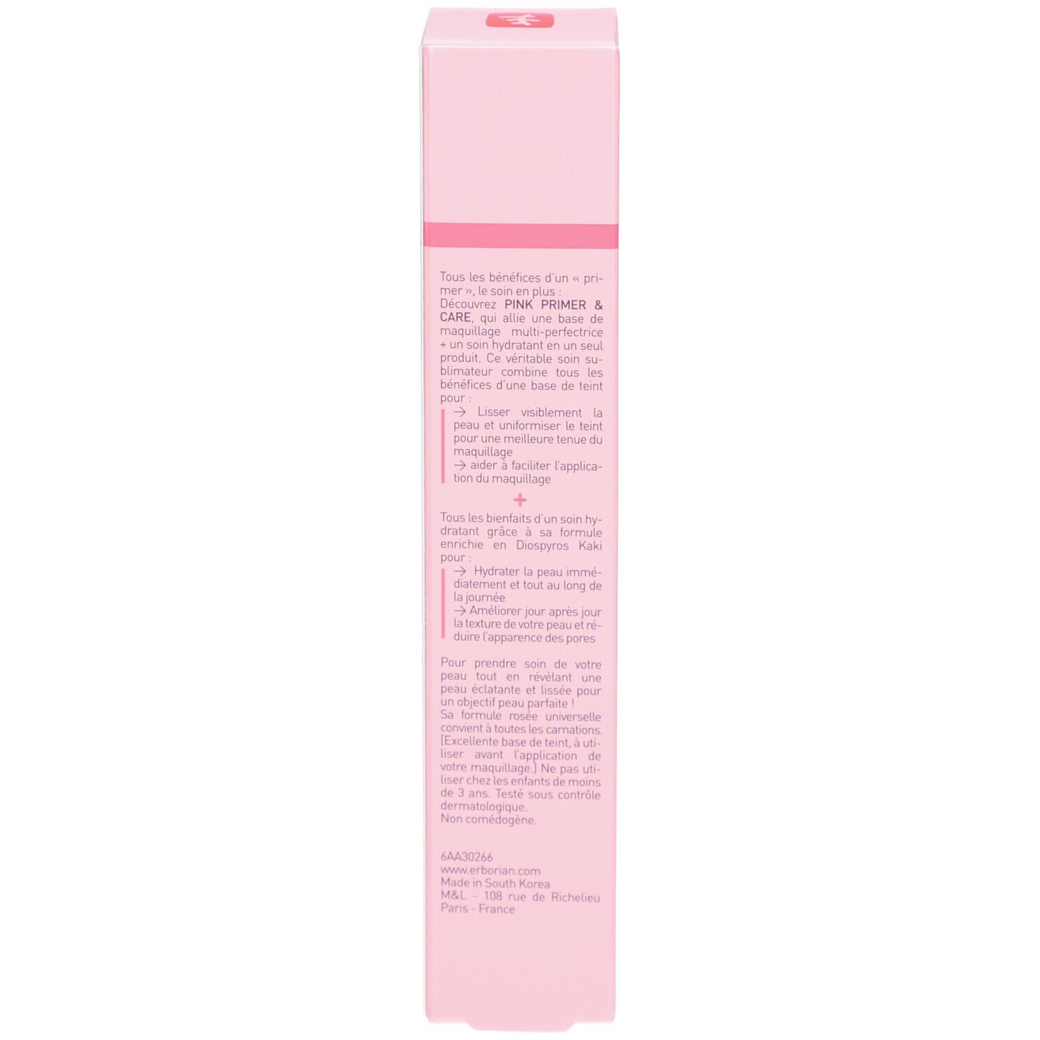 Rückseite der rosa Schachtel. Text in mehreren Sprachen. Produktname: Pink Primer & Care.