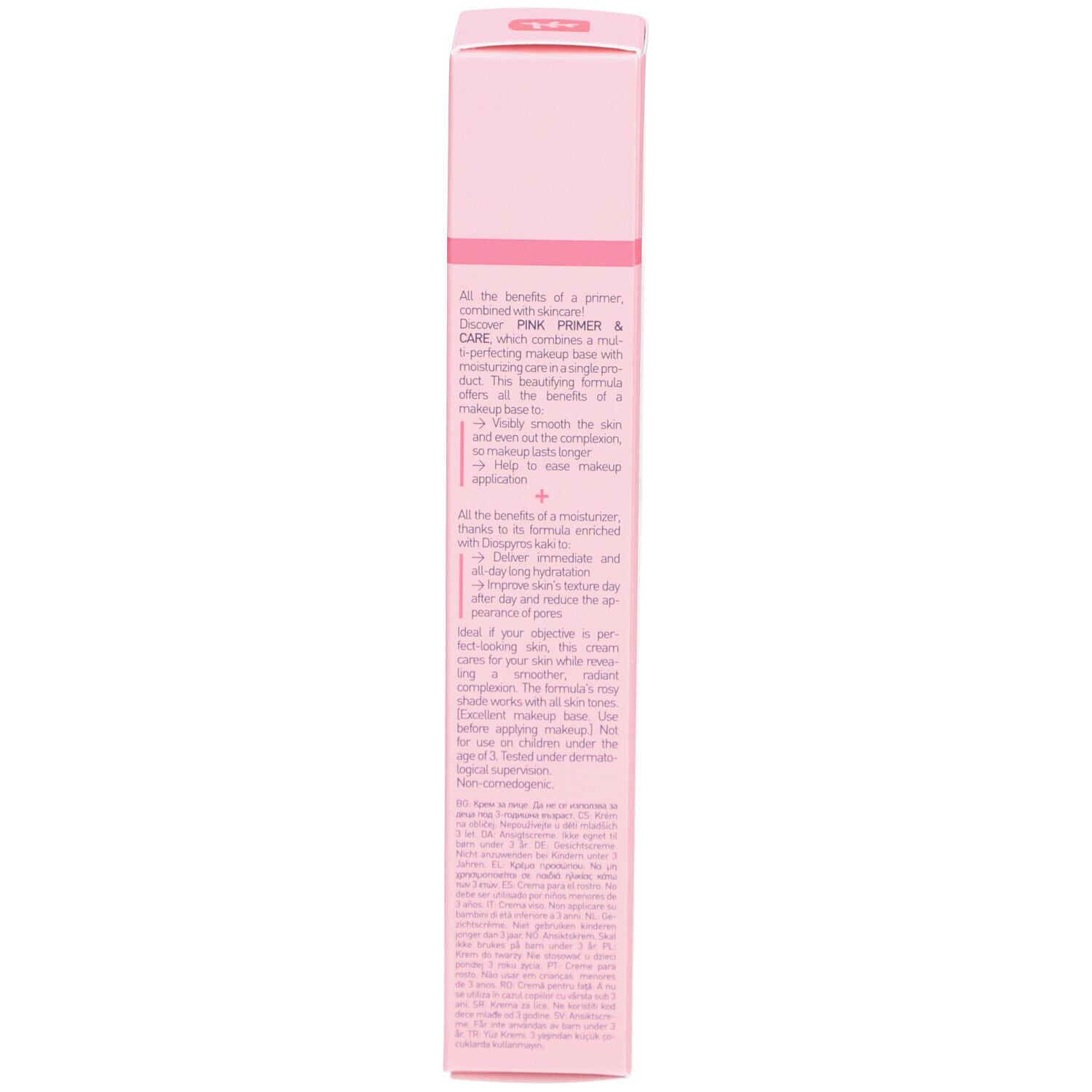 Rückseite der rosa Schachtel. Text in Englisch. Produktname: Pink Primer & Care.