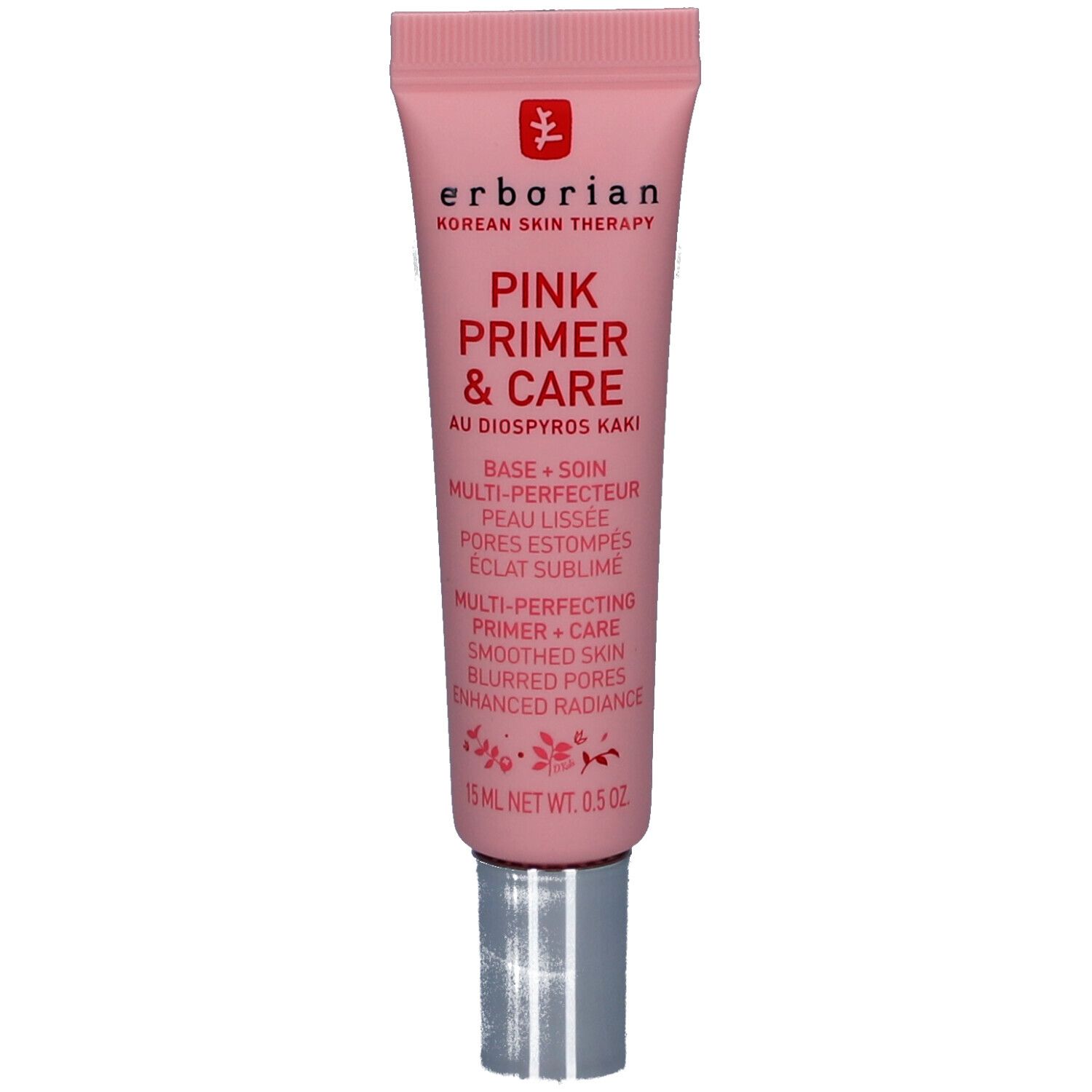 Rosa Tube mit silberner Kappe. Aufschrift: Erborian, Pink Primer & Care. 15 ml.