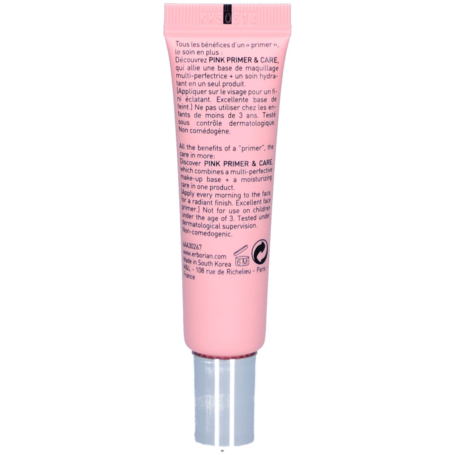 Rückseite einer rosa Tube. Text in mehreren Sprachen. Marke: Erborian. Produkt: Pink Primer & Care.