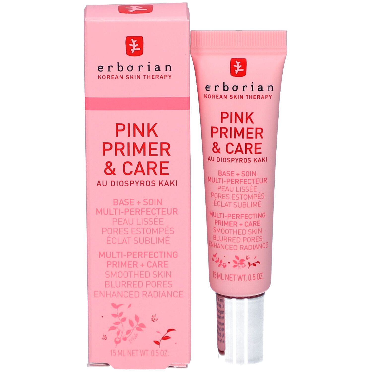 Rosa Schachtel und Tube. Aufschrift: Erborian, Pink Primer & Care. 15 ml. Produktverpackung.