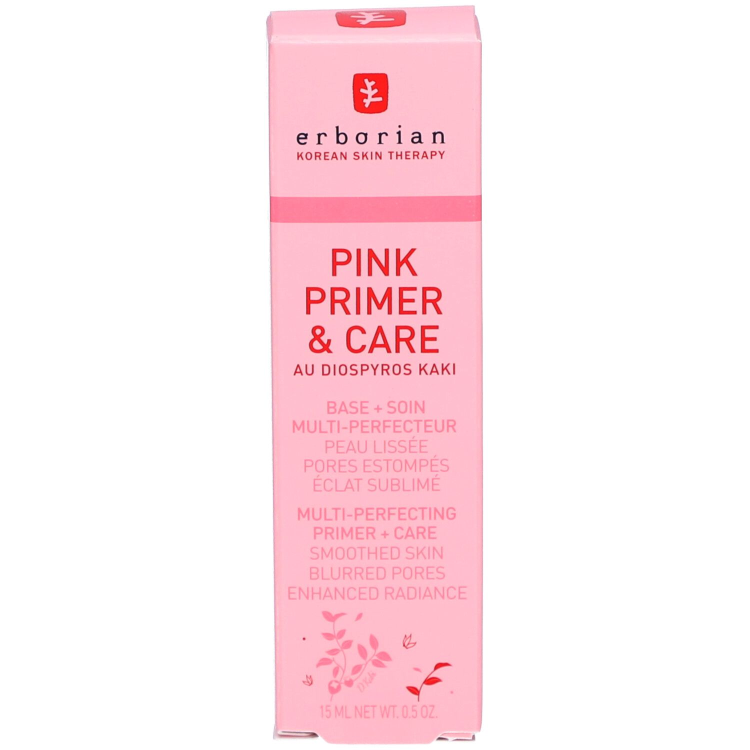 Rosa Schachtel. Aufschrift: Erborian, Pink Primer & Care. 15 ml. Produktverpackung.