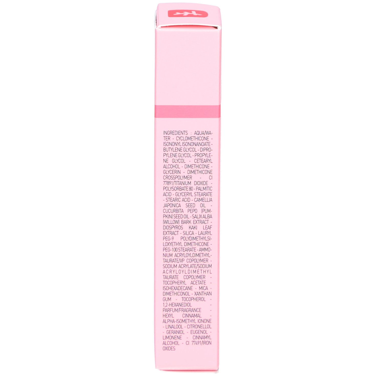Rückseite einer rosa Schachtel. Zutatenliste. Marke: Erborian. Produkt: Pink Primer & Care.