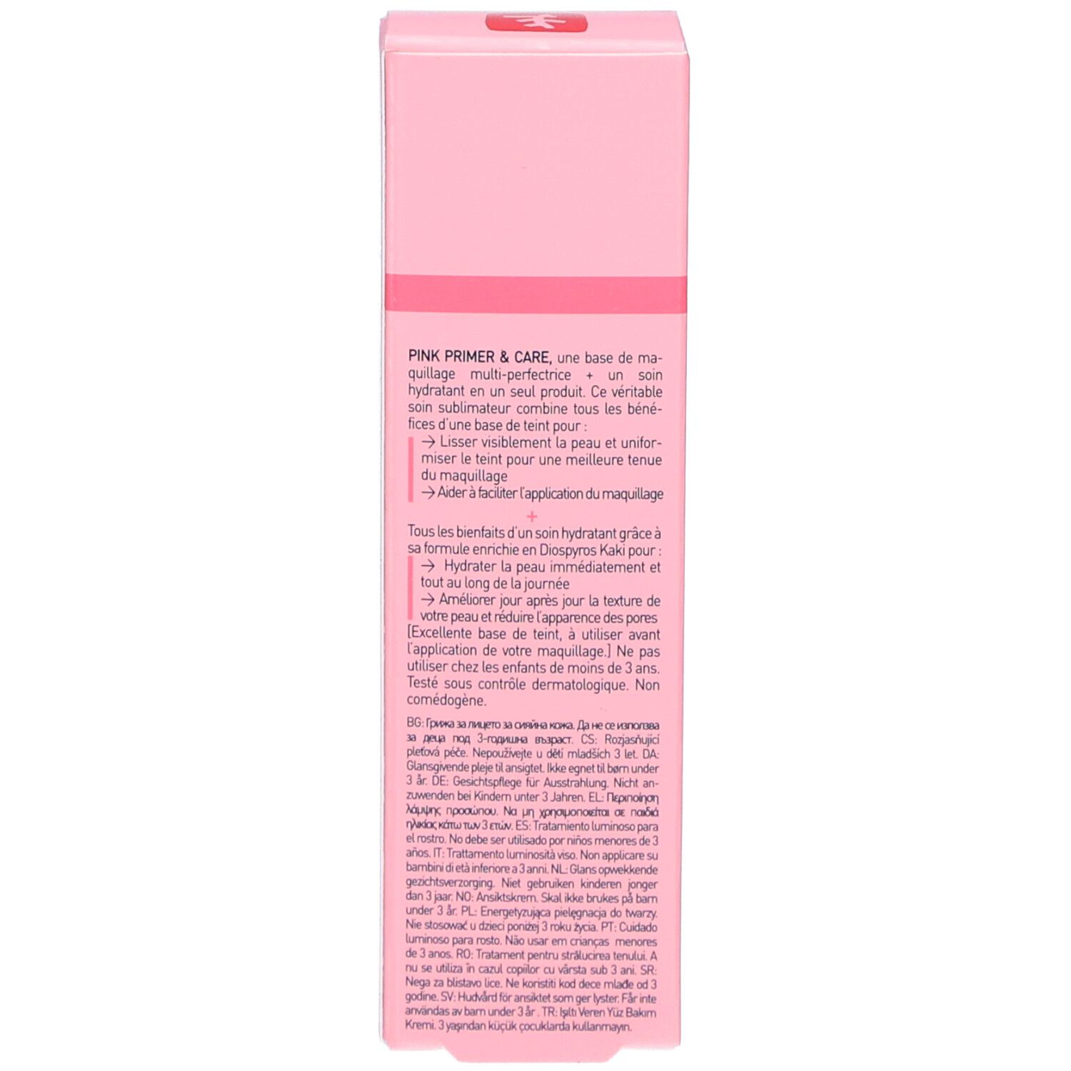 Rückseite einer rosa Schachtel. Text in mehreren Sprachen. Marke: Erborian. Produkt: Pink Primer & Care.