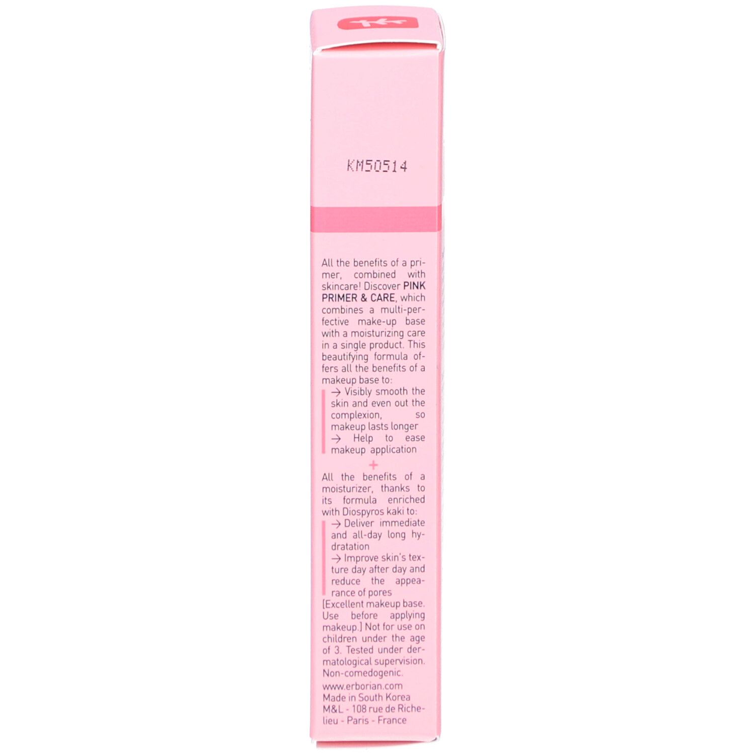 Rückseite einer rosa Schachtel. Text in englischer Sprache. Marke: Erborian. Produkt: Pink Primer & Care.