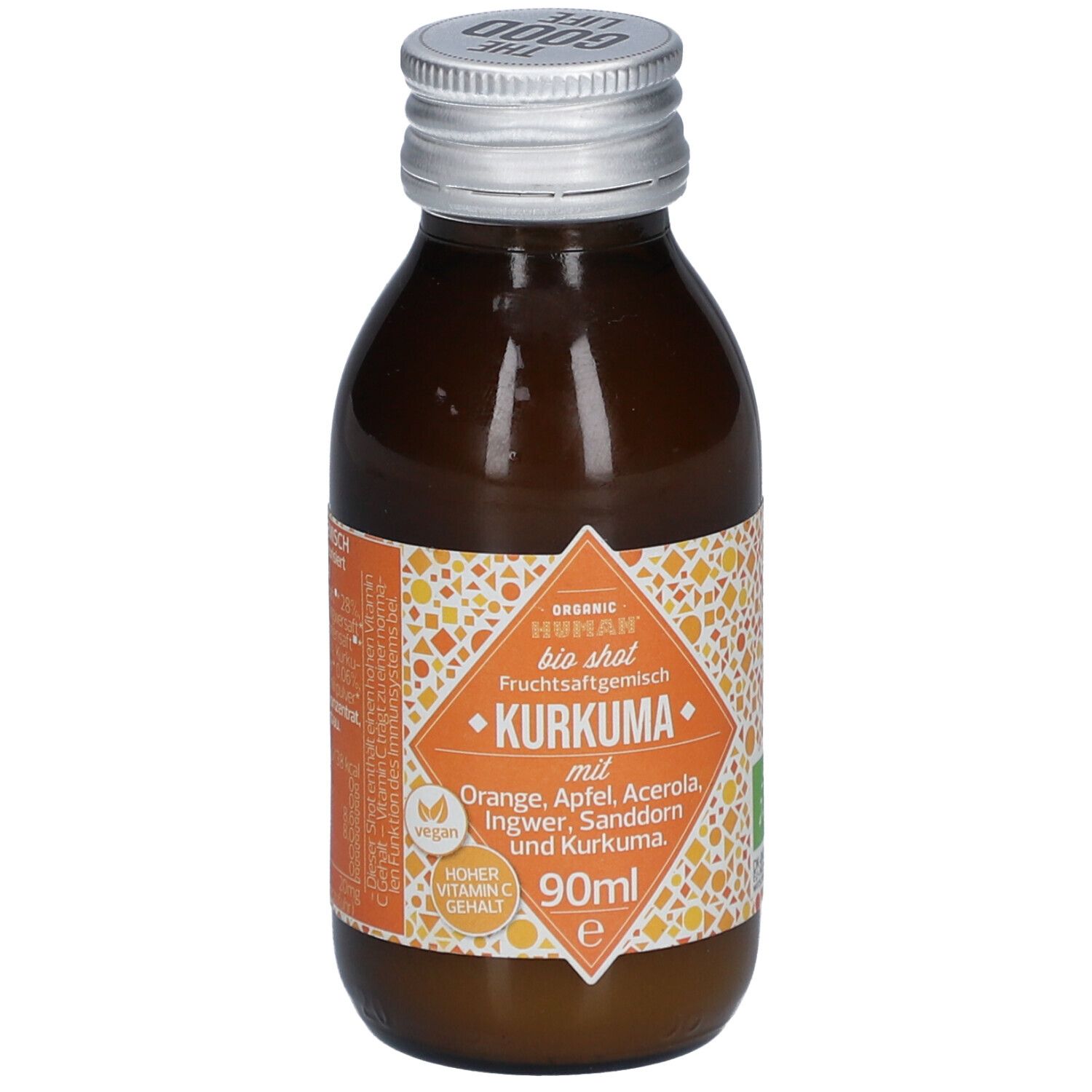 Braune Glasflasche mit silbernem Deckel. Etikett mit Produktnamen Kurkuma und Zutaten. 90ml.