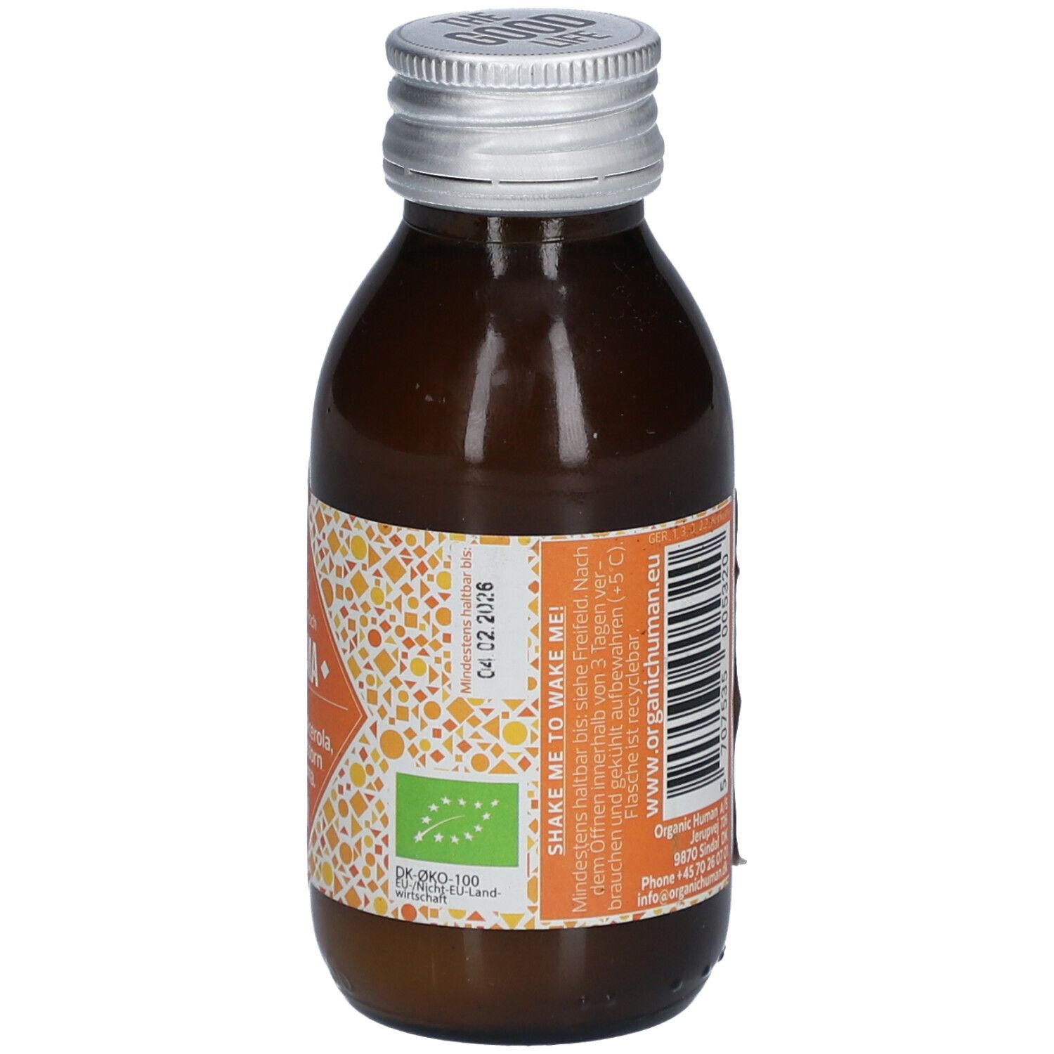 Braune Glasflasche mit silbernem Deckel. Etikett mit Produktnamen Kurkuma und Zutaten. 90ml.