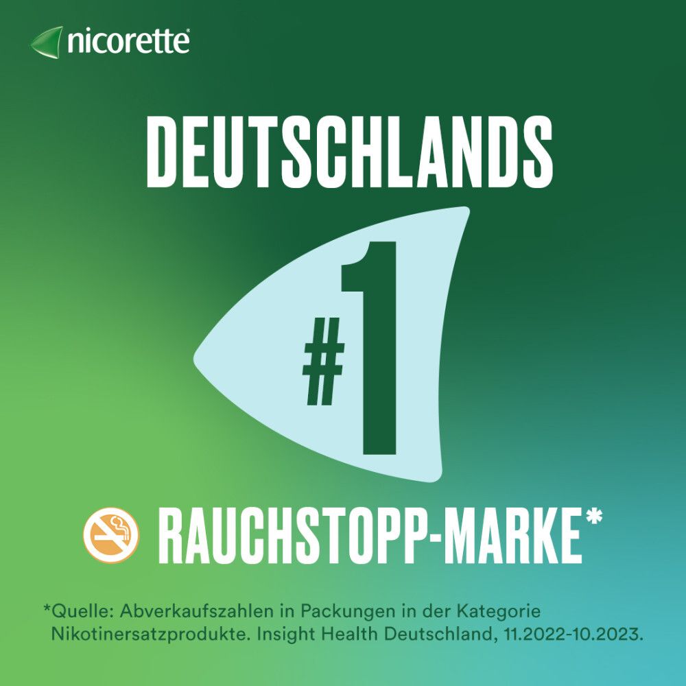 Grafik mit "DEUTSCHLANDS #1 RAUCHSTOPP-MARKE*". Quelle: Absatzahlen in Packungen in der Kategorie Nikotinersatzprodukte, Insight Health Deutschland, 11.2022-10.2023.