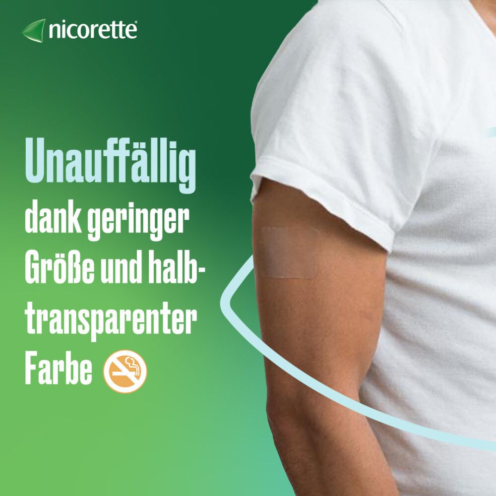 Arm mit Pflaster. Text: "Unauffällig dank geringer Größe und halb-transparenter Farbe".