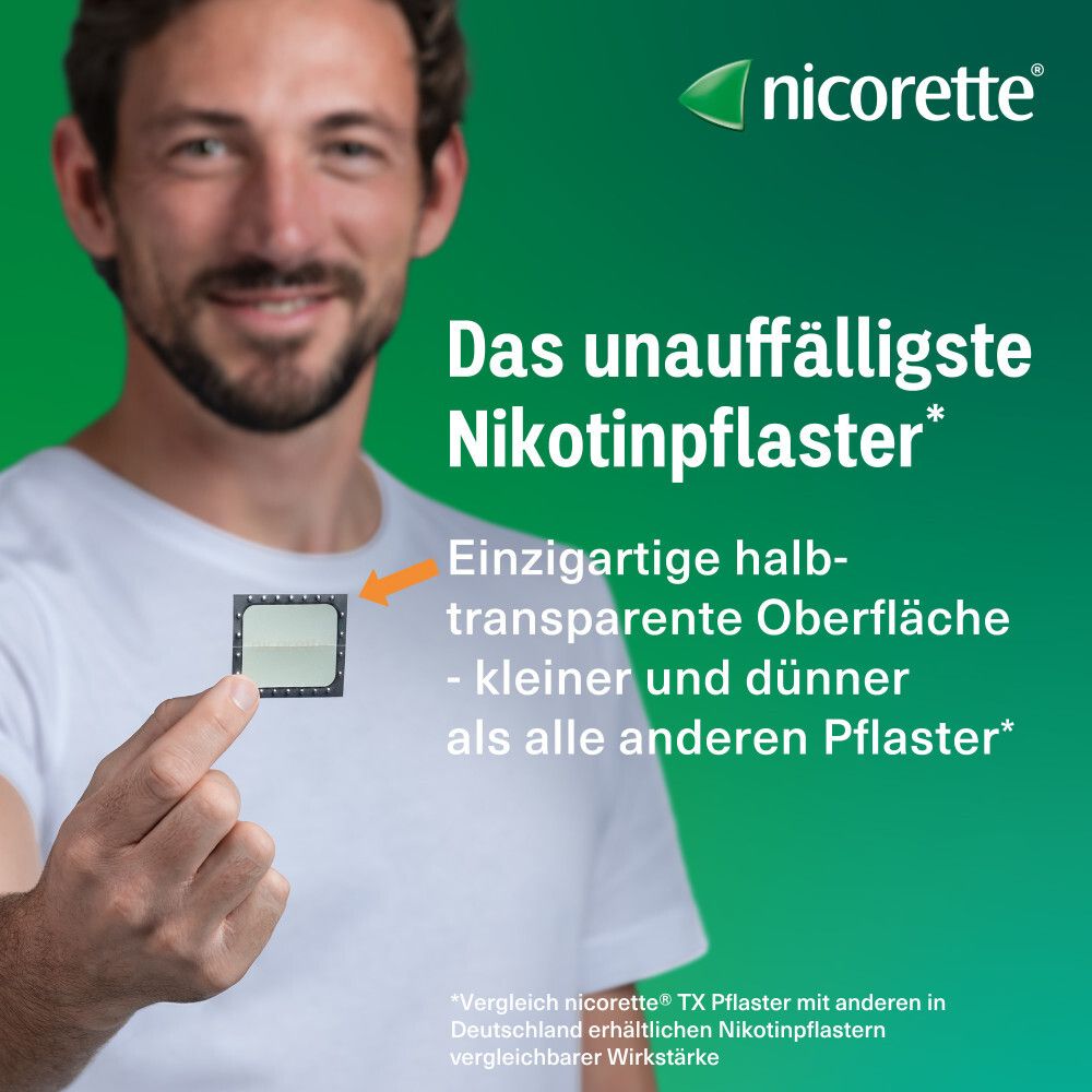 Mann hält Nikotinpflaster. Text: Das unauffälligste Nikotinpflaster. Einzigartige halbtransparente Oberfläche.
