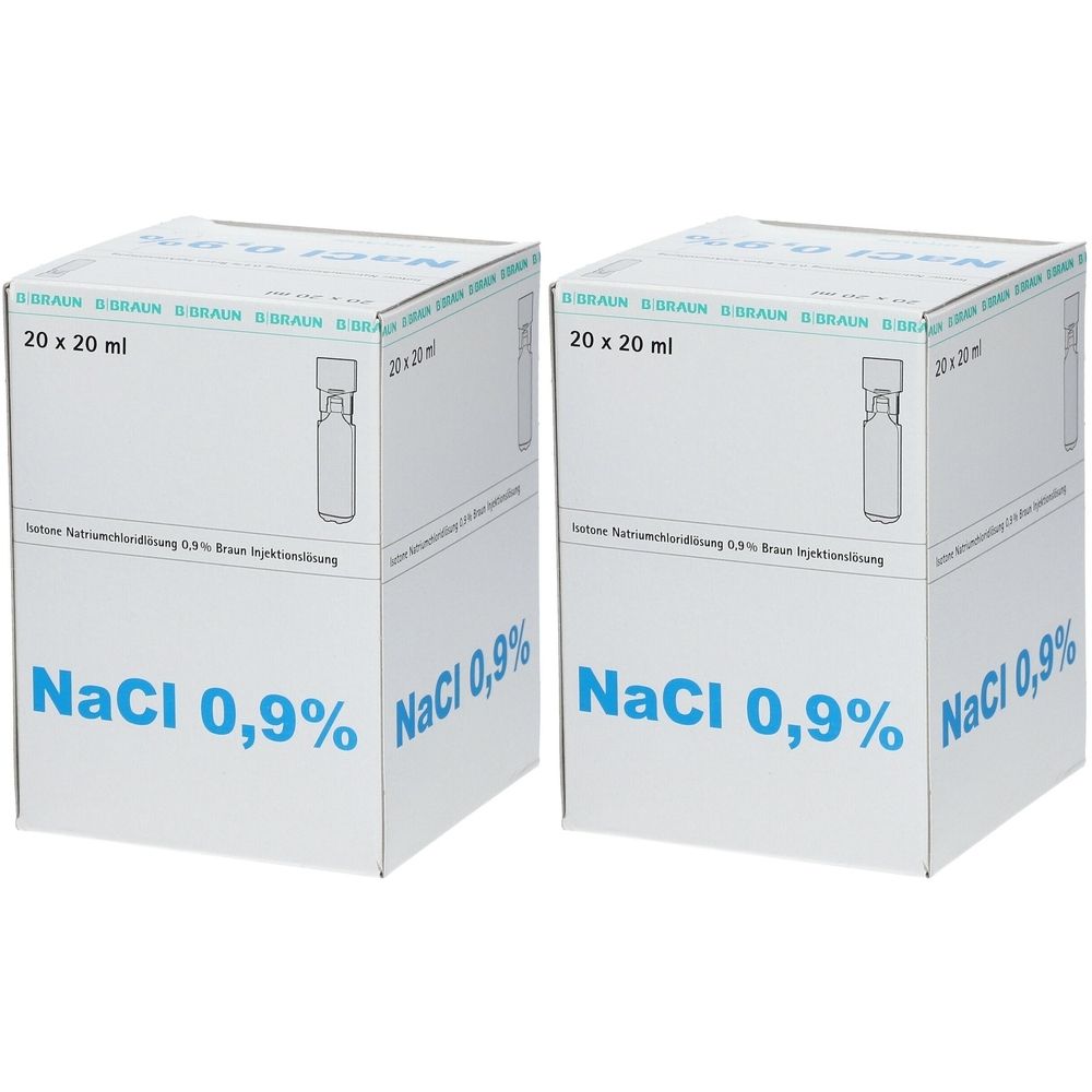 Zwei Kartons mit NaCl 0,9%. Aufdrucke: 20 x 20 ml, Braun Injektionslösung. Illustration einer Ampulle.