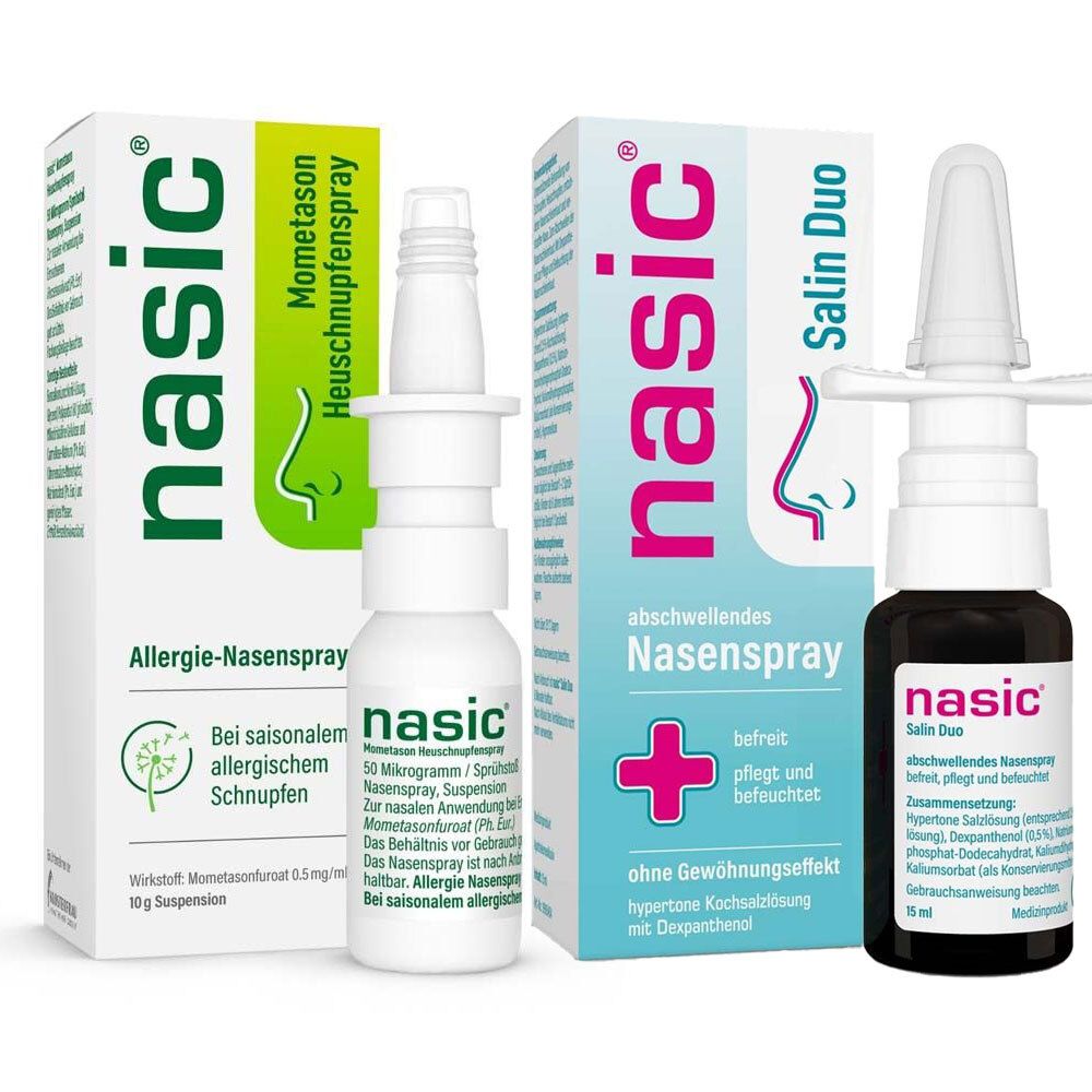 Zwei Nasensprays und Verpackungen. Aufschrift: nasic, Mometason Heuschnupfenspray, Salin Duo. Allergie-Nasenspray. Abschwellendes Nasenspray.