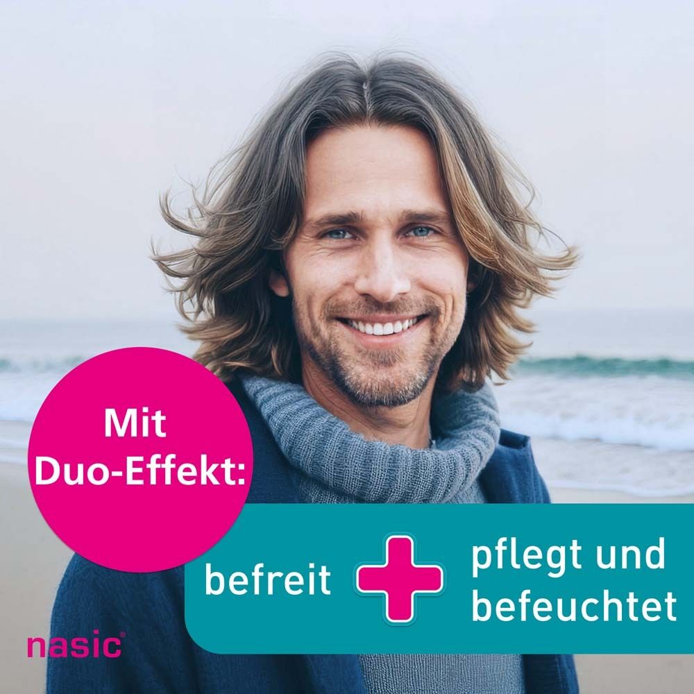 Mann lächelt. Text: Mit Duo-Effekt: befreit + pflegt und befeuchtet. Logo: nasic®.