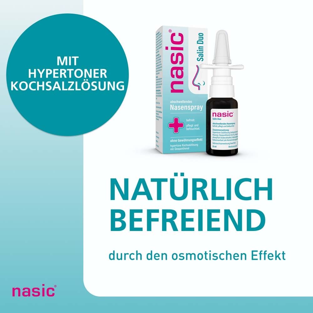 nasic® Salin Duo Nasenspray und Verpackung. Text: Natürlich befreiend durch den osmotischen Effekt. Logo: nasic®.