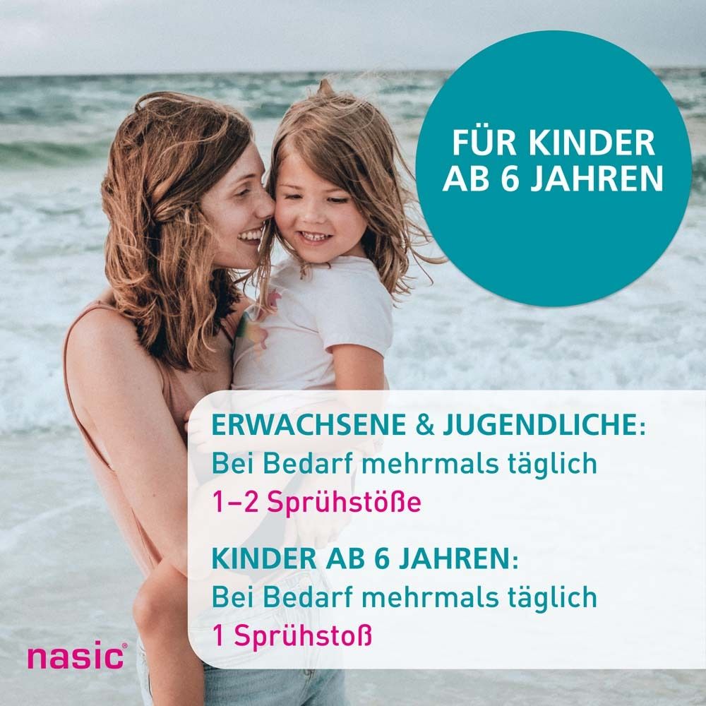 Mutter und Kind am Strand. Text: Für Kinder ab 6 Jahren. Erwachsene & Jugendliche: 1-2 Sprühstöße. Kinder ab 6 Jahren: 1 Sprühstoß. Logo: nasic®.