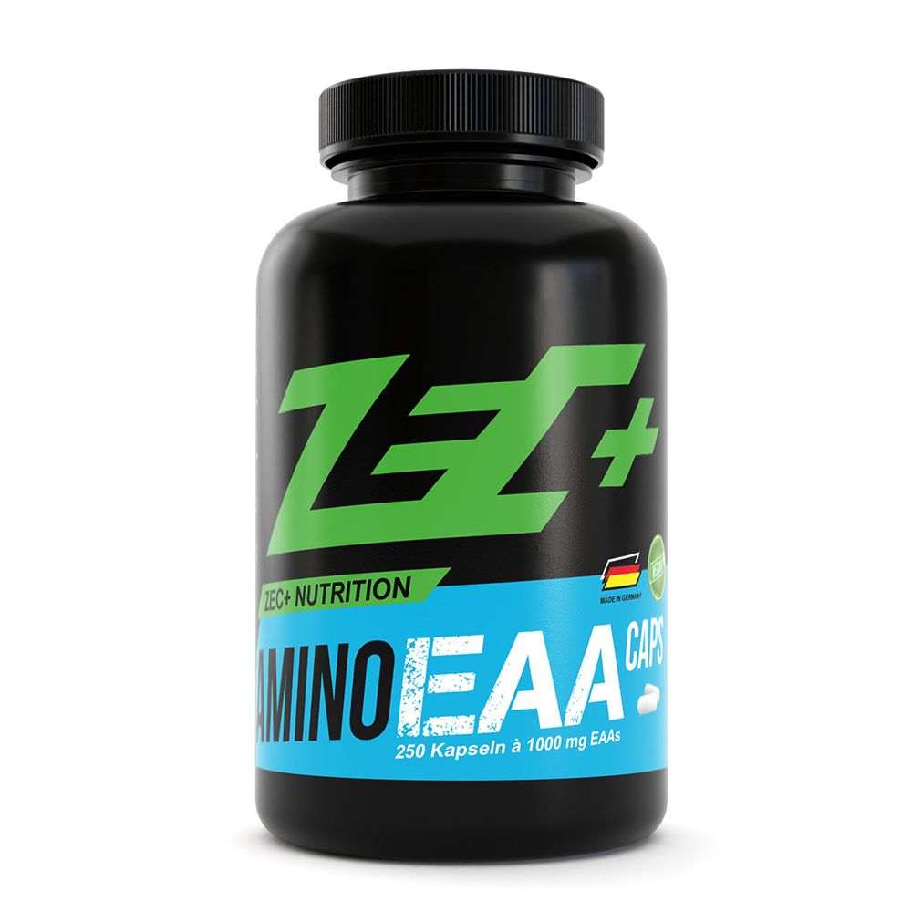Schwarze Dose mit ZEC+ Master Amino EAA Kapseln. Enthält 250 Kapseln à 1000 mg.