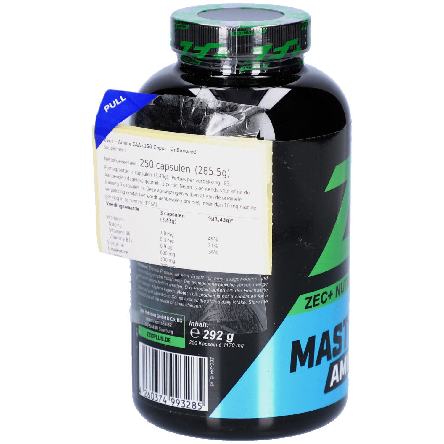 Schwarze Flasche mit grünem Deckel. Aufschrift ZEC+ MASTER AMINO EAA. 250 Kapseln. Etikett mit Nährwertangaben.