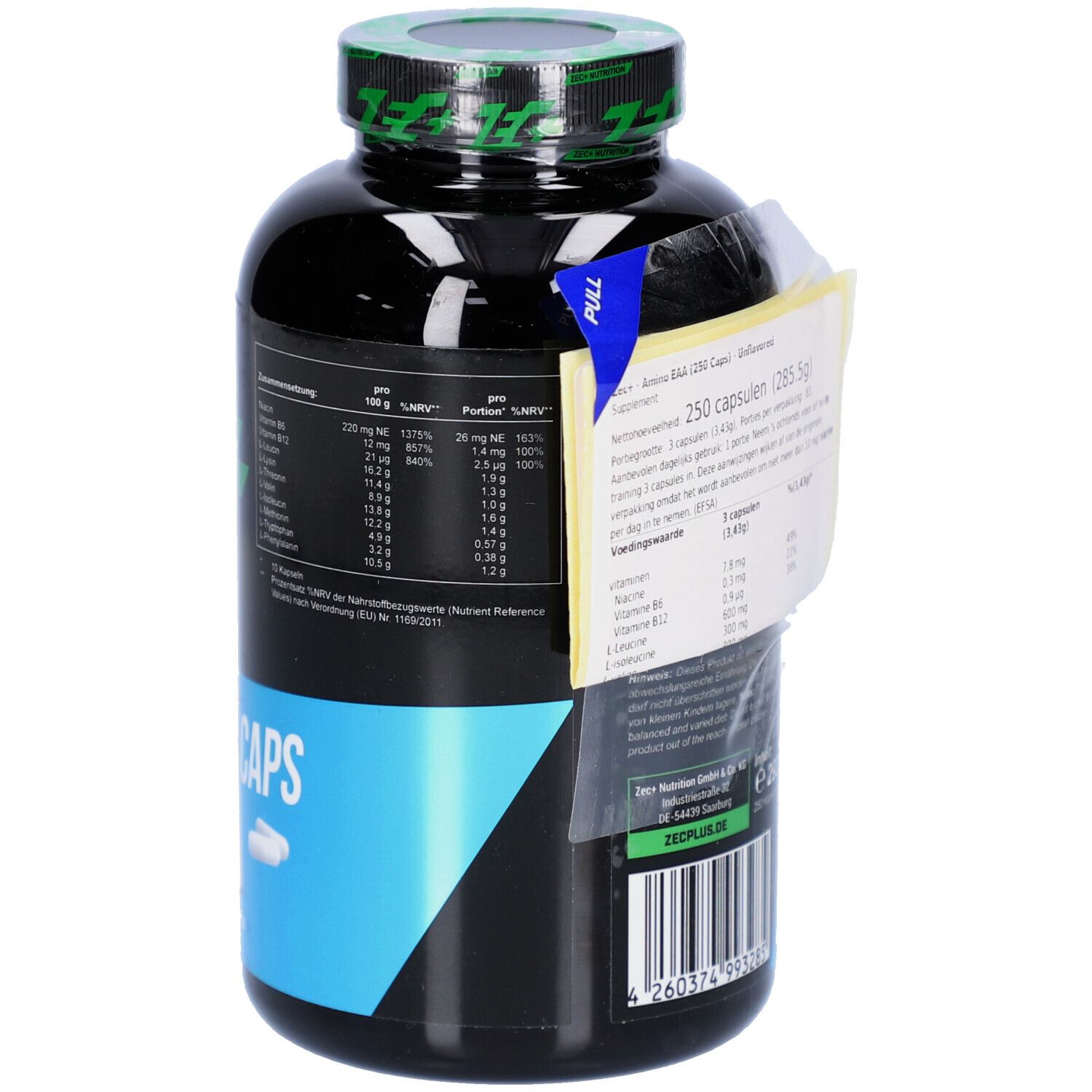 Schwarze Flasche mit grünem Deckel. Aufschrift ZEC+ EAA CAPS. Etikett mit Nährwertangaben und Barcode.
