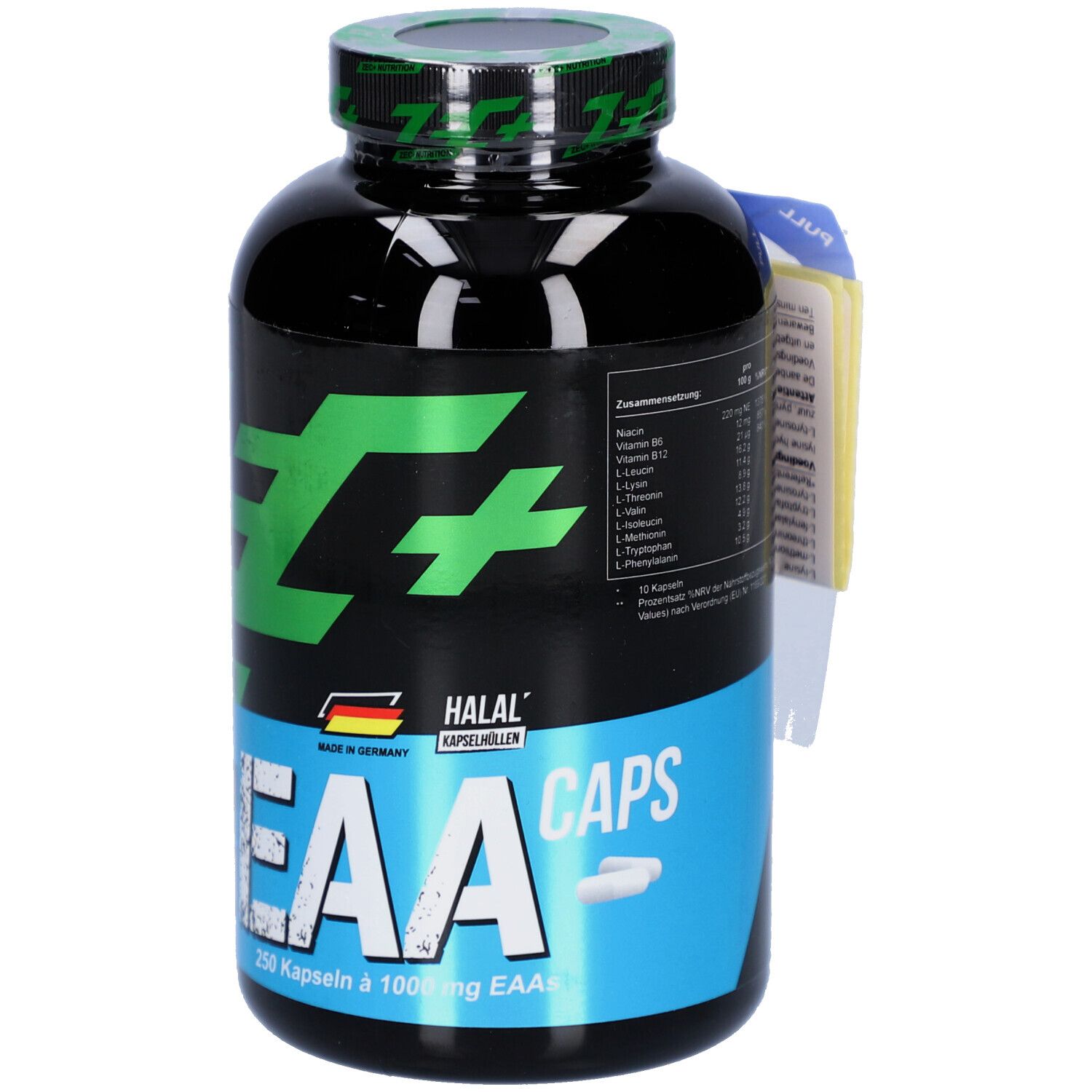 Schwarze Flasche mit grünem Deckel. Aufschrift ZEC+ EAA CAPS. 250 Kapseln. Halal-Zertifizierung. Made in Germany.