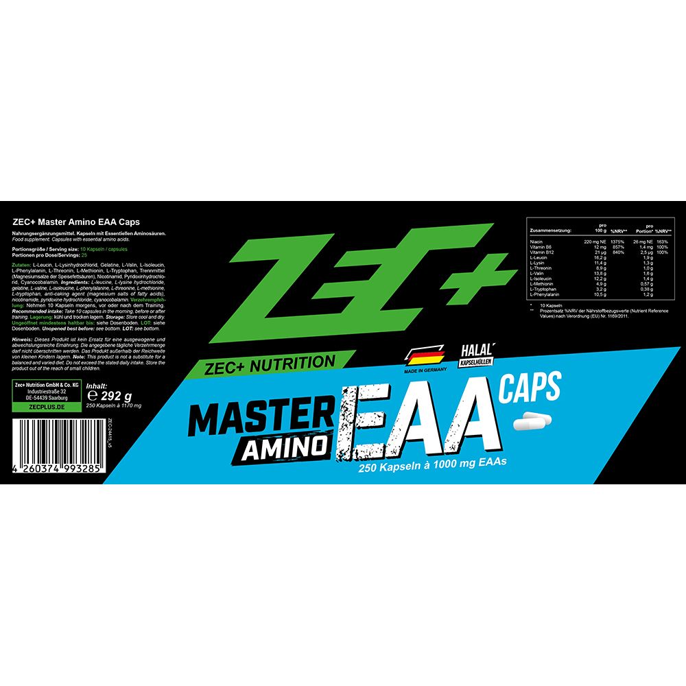 Etikett der ZEC+ Master Amino EAA Kapseln. Zeigt Nährwertangaben und Inhaltsstoffe.
