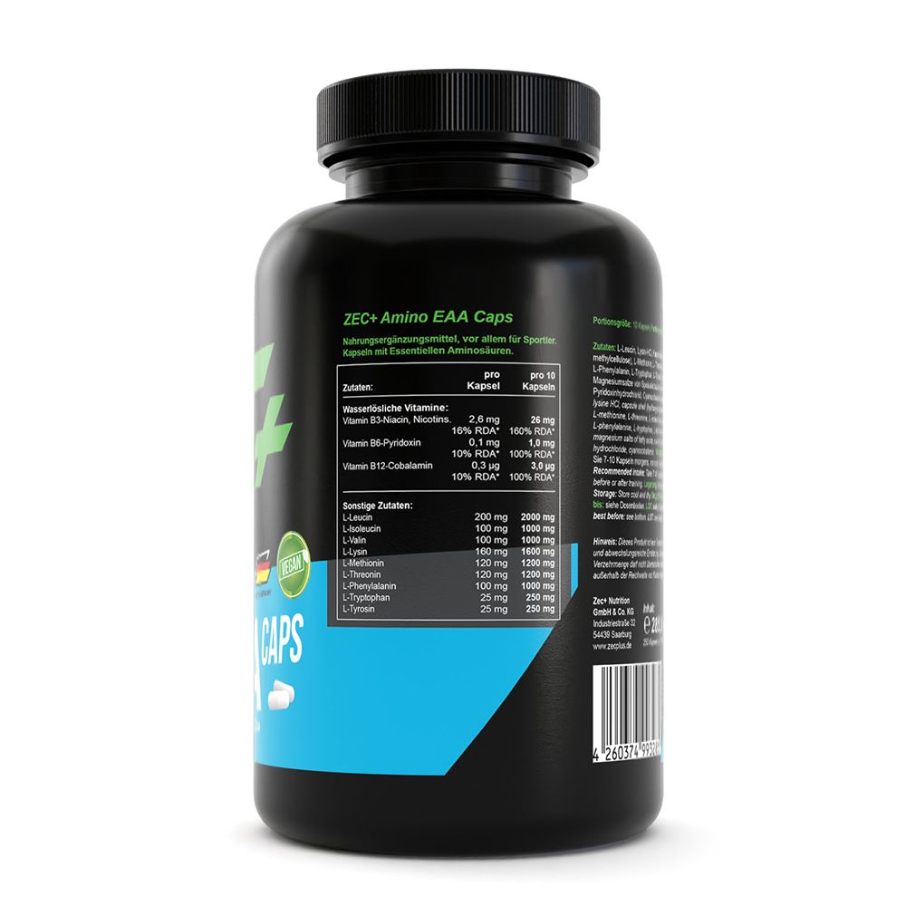 Seite der Dose ZEC+ Amino EAA Caps. Zeigt Nährwerttabelle und Aminosäureprofil.