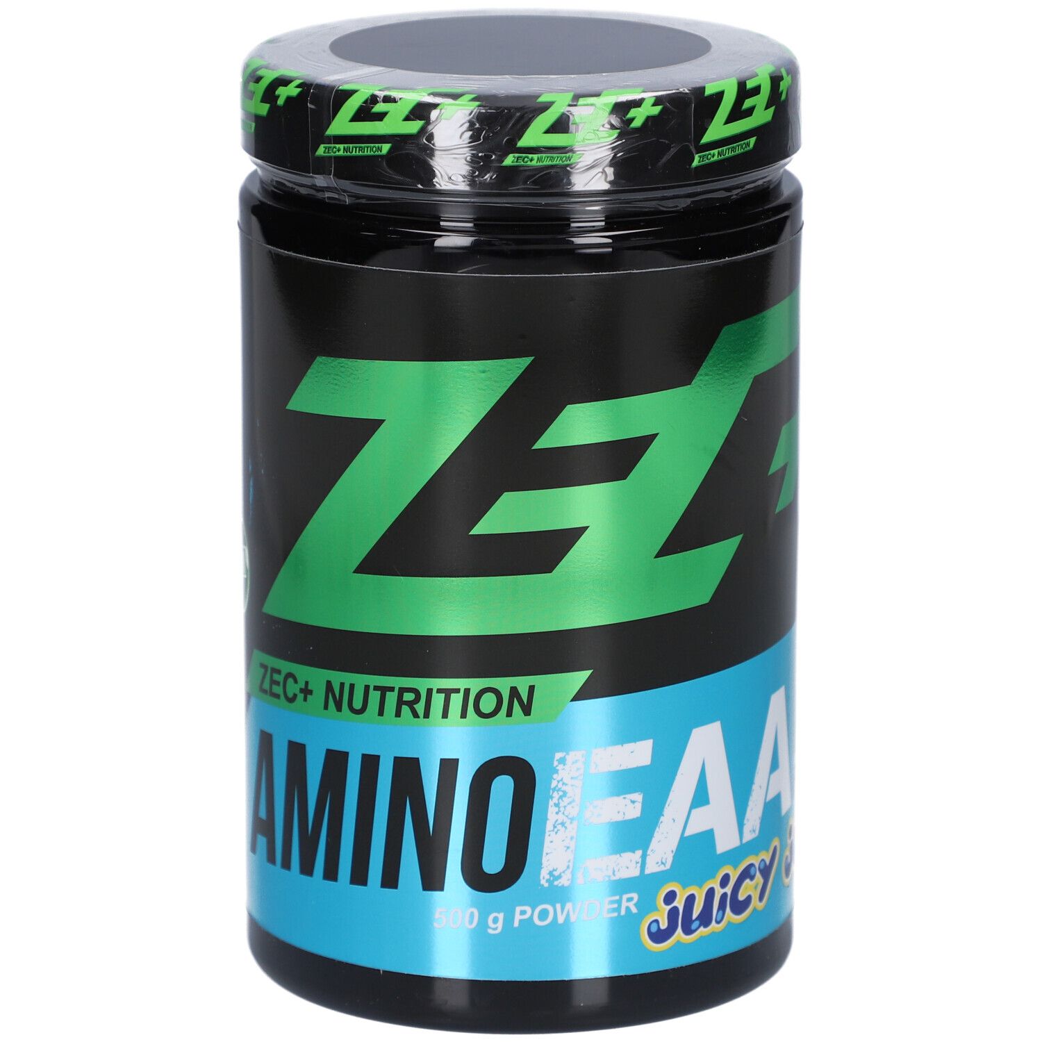 Schwarze Dose mit grünem "ZEC+" Logo und "AMINO EAA" Schriftzug. Blaue Akzente. "Juicy Juice" darunter.