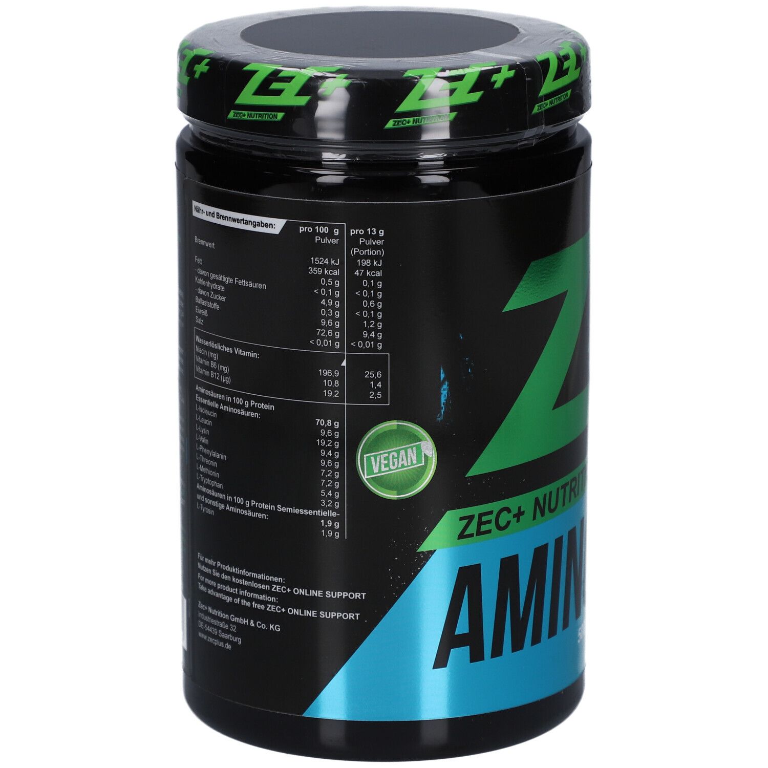 Rückseite der schwarzen Dose. Nährwertangaben und Inhaltsstoffe. "VEGAN" Logo. "ZEC+ NUTRITION" und "AMINO EAA".