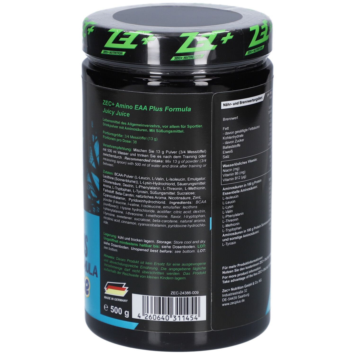 Rückseite der Dose mit Text. "ZEC+ Amino EAA Plus Formula Juicy Juice". Inhaltsstoffe und Anwendungshinweise.
