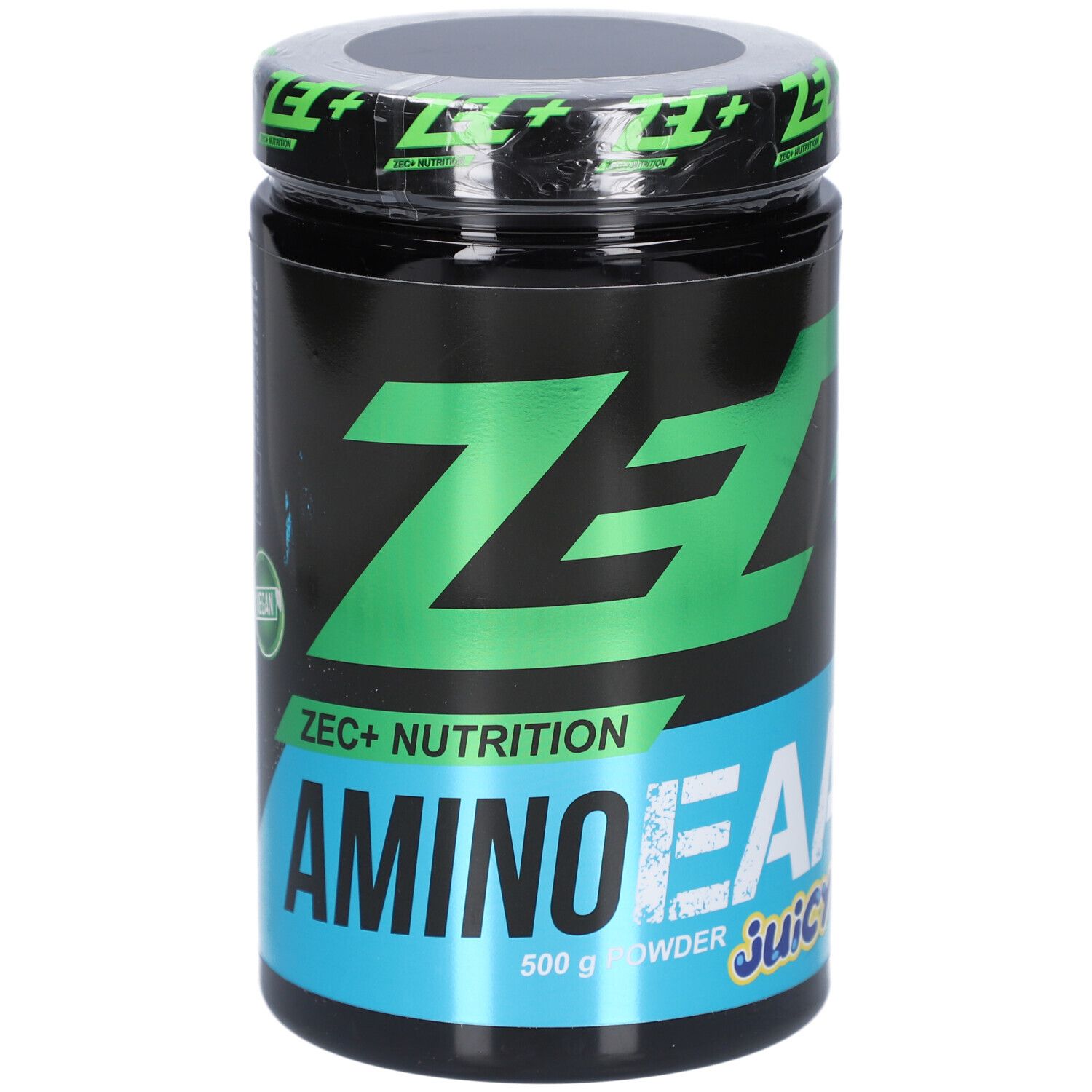 Schwarze Dose mit grünem "ZEC+" Logo und "AMINO EAA" Schriftzug. Blaue Akzente. "Juicy Juice" darunter. 500g.