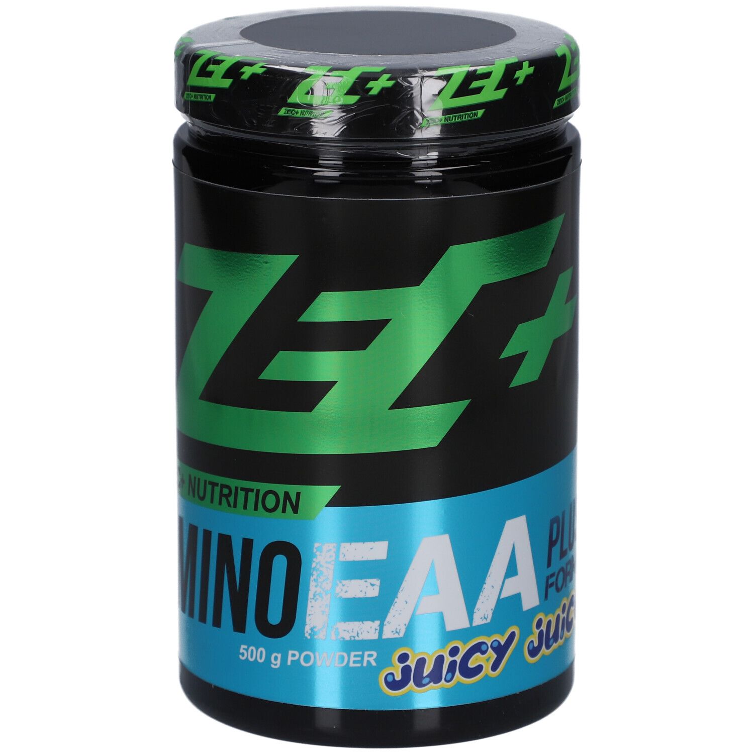 Schwarze Dose mit grünem "ZEC+" Logo und "AMINO EAA" Schriftzug. Blaue Akzente. "Juicy Juice" und "500 g Powder".