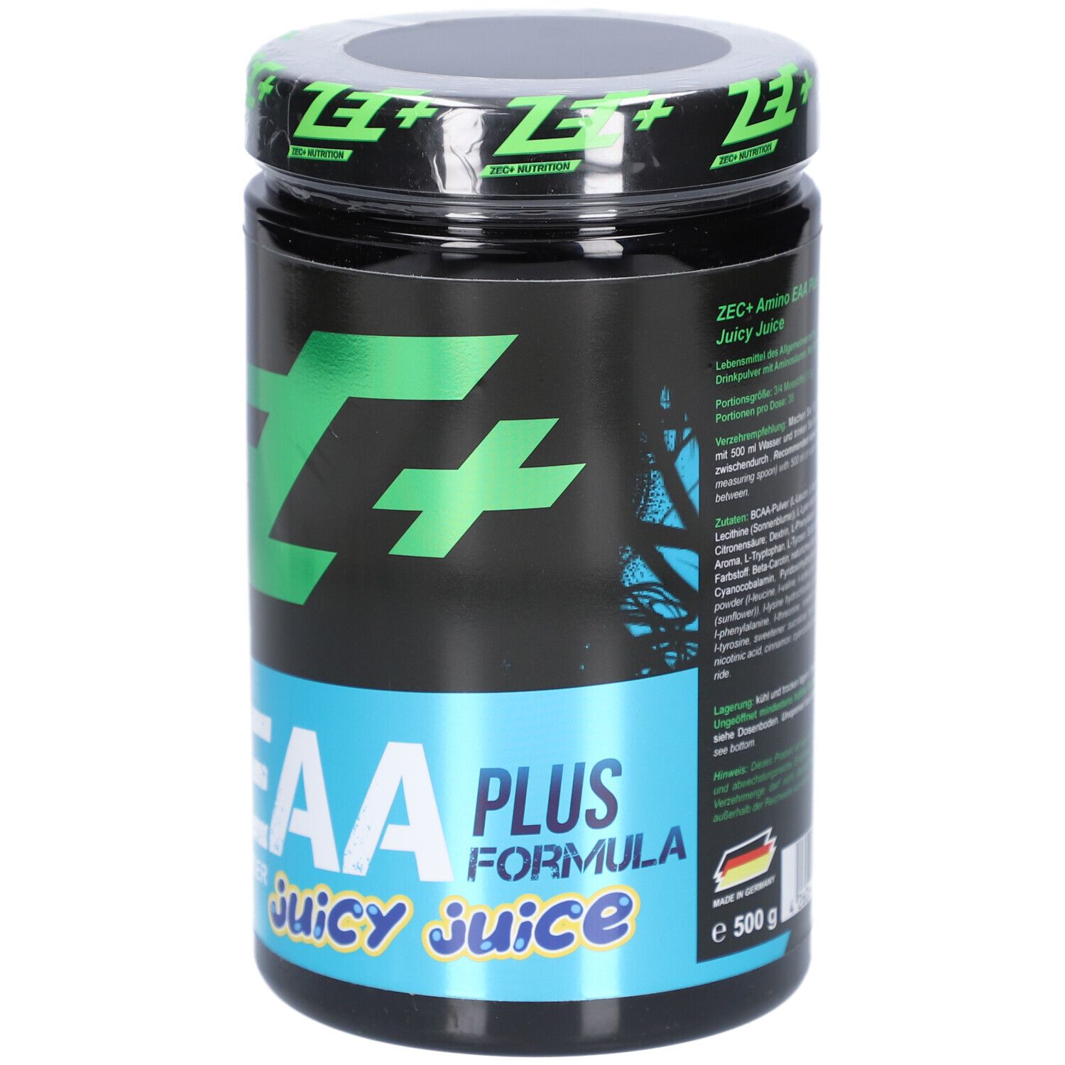 Schwarze Dose mit grünem "ZEC+" Logo. "EAA PLUS FORMULA Juicy Juice". 500g. Text und blaue Akzente.