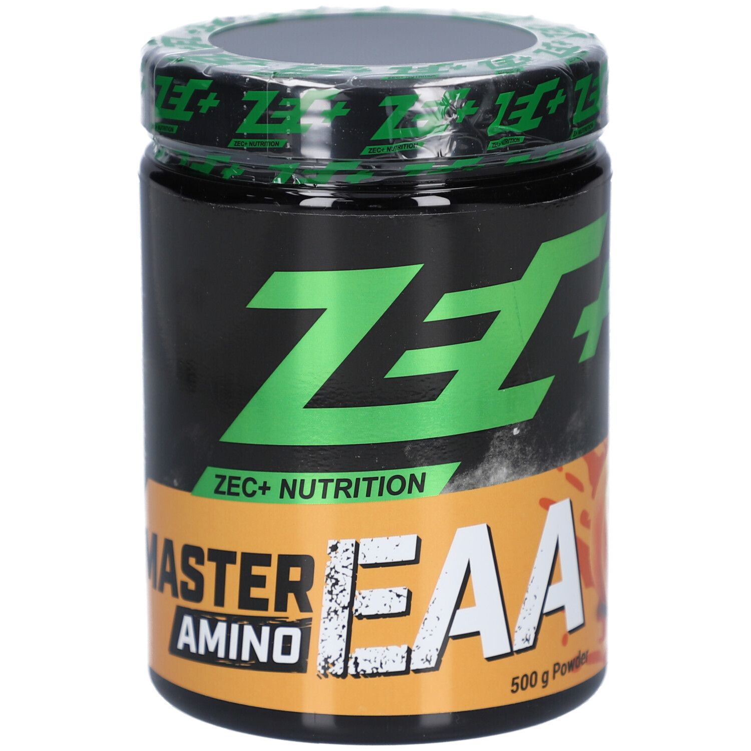 Schwarze Dose mit grünem Deckel und Aufschrift ZEC+ MASTER AMINO EAA. Orangefarbener Streifen mit Produktnamen. Siegel.