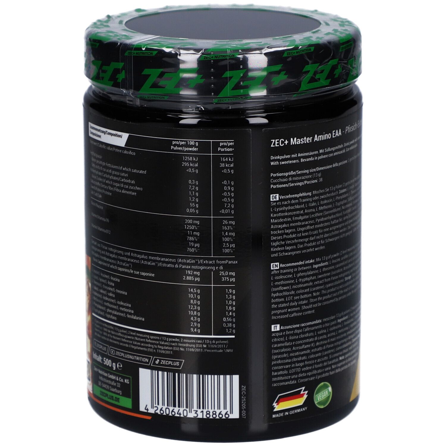 Rückseite des schwarzen Supplement-Behälters. Text mit Nährwertangaben und Zutaten. Grüner Deckel. Barcode und Logo.