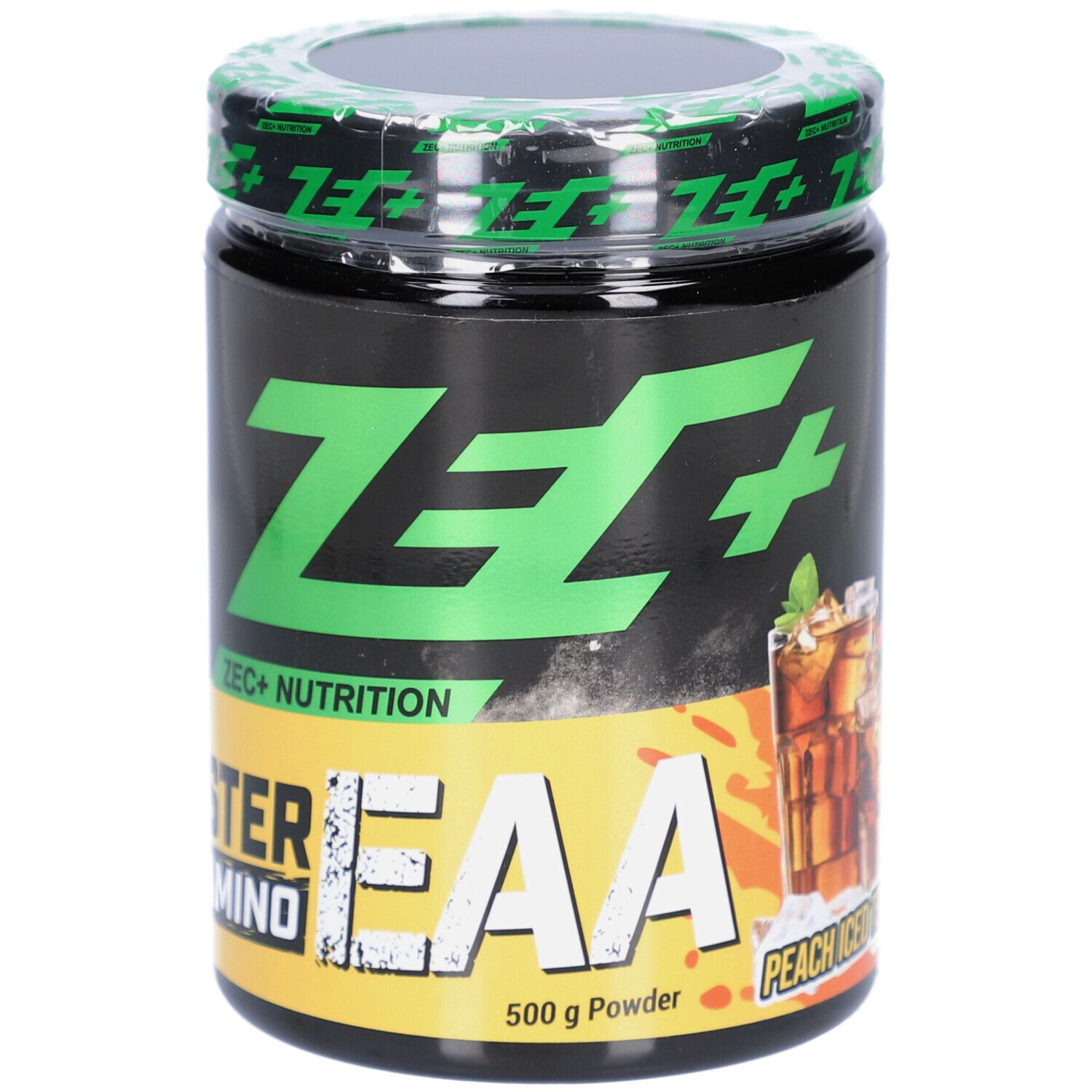 Schwarzes Supplement-Behälter mit grünem Deckel. Aufschrift: ZEC+ EAA, MASTER AMINO, 500 g Powder. Bild von Eistee.