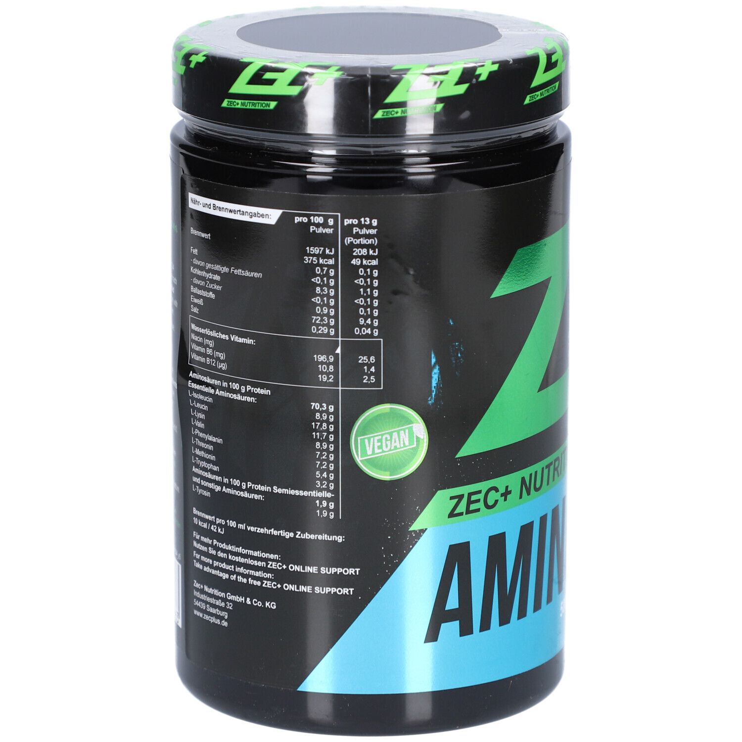Schwarze Dose mit Nährwertangaben und grünem ZEC+ Logo. Enthält Informationen zu Proteinen und Vitaminen.