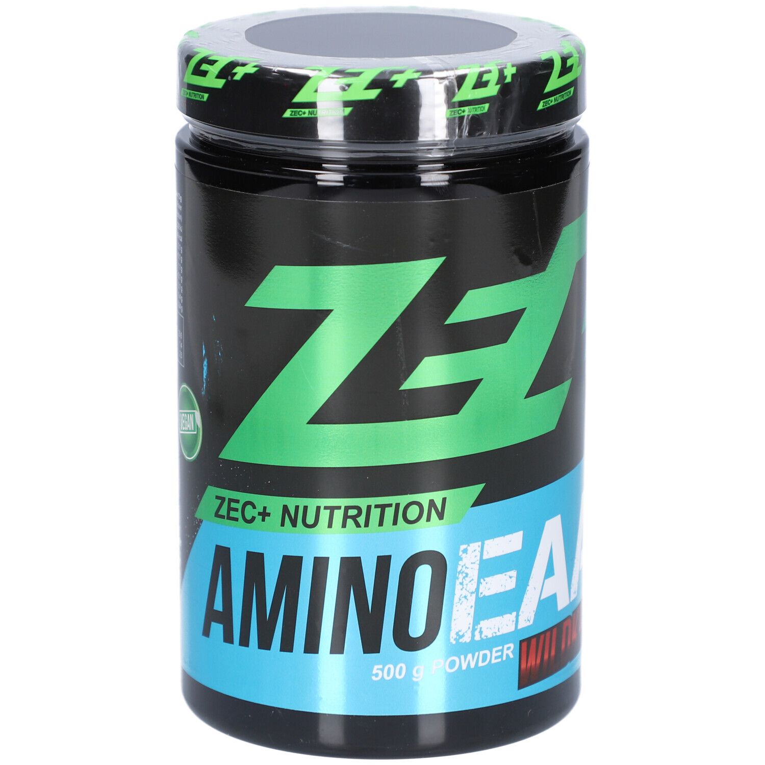 Schwarze Dose mit grünem ZEC+ Logo und blauer Schrift. Aufschrift: AMINO EAA, 500 g Powder.