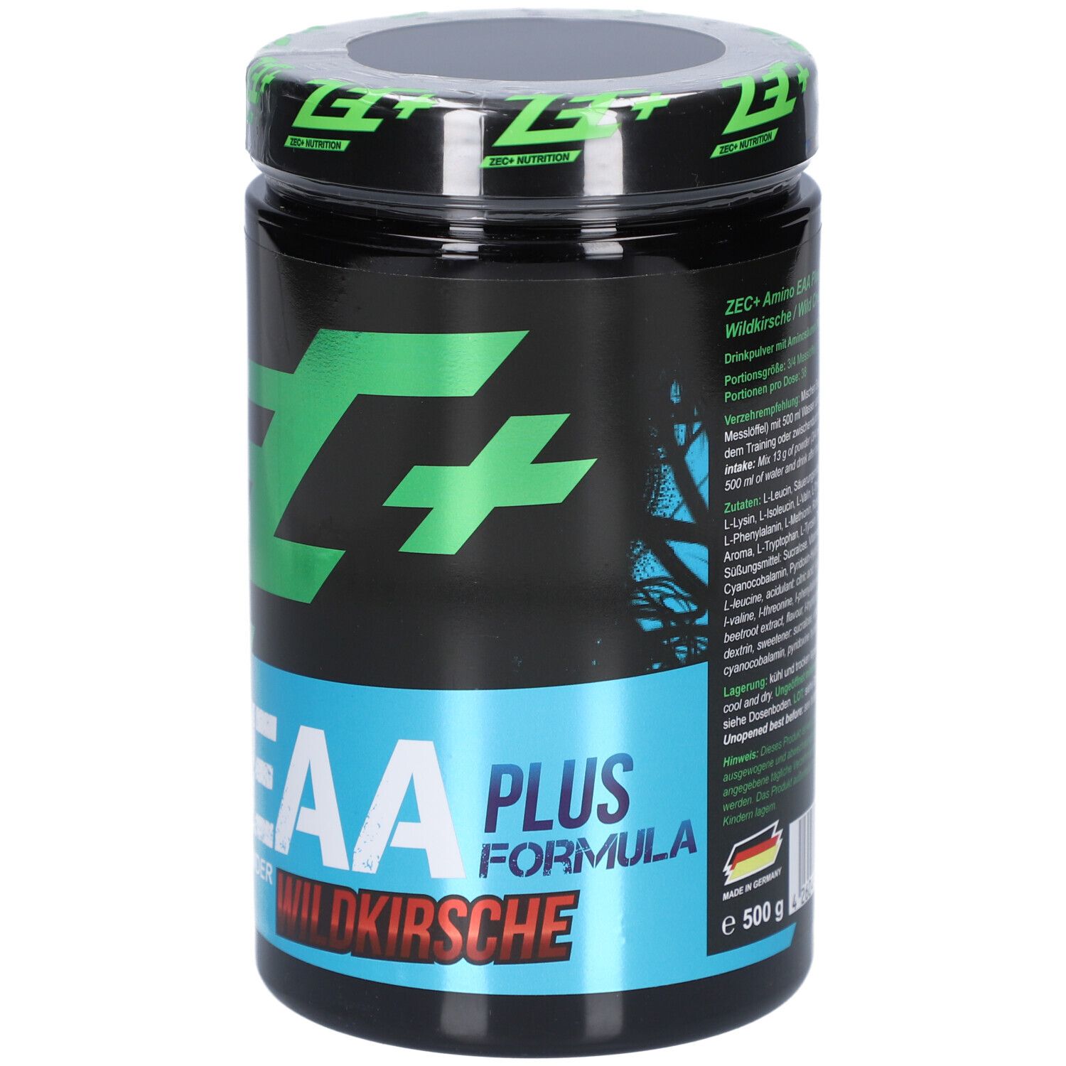 Schwarze Dose mit grünem ZEC+ Logo und Text. Aufschrift: EAA PLUS FORMULA, Wildkirsche, 500 g.