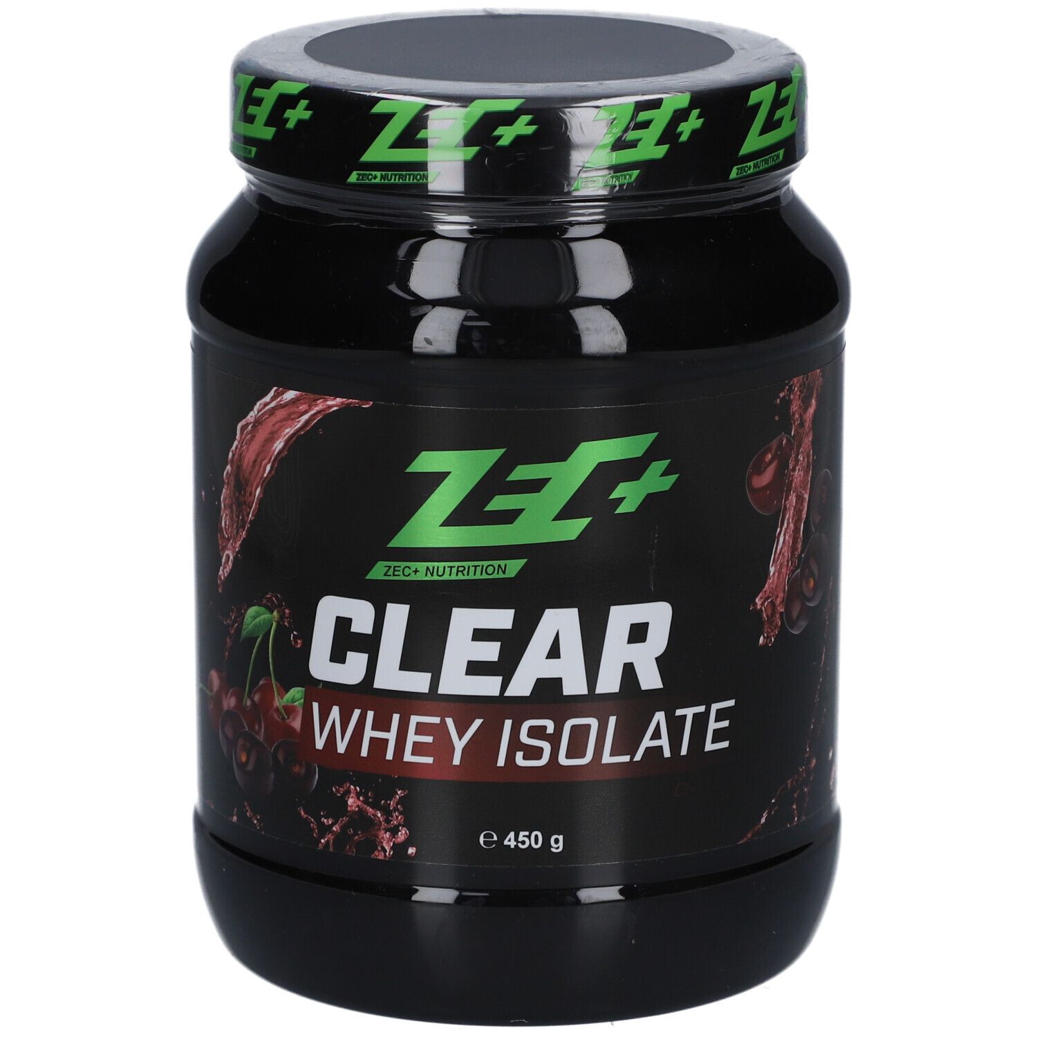 Schwarze Dose mit grünem Deckel. Aufschrift: ZEC+ CLEAR WHEY ISOLATE. Kirsch-Grafik. 450 g.