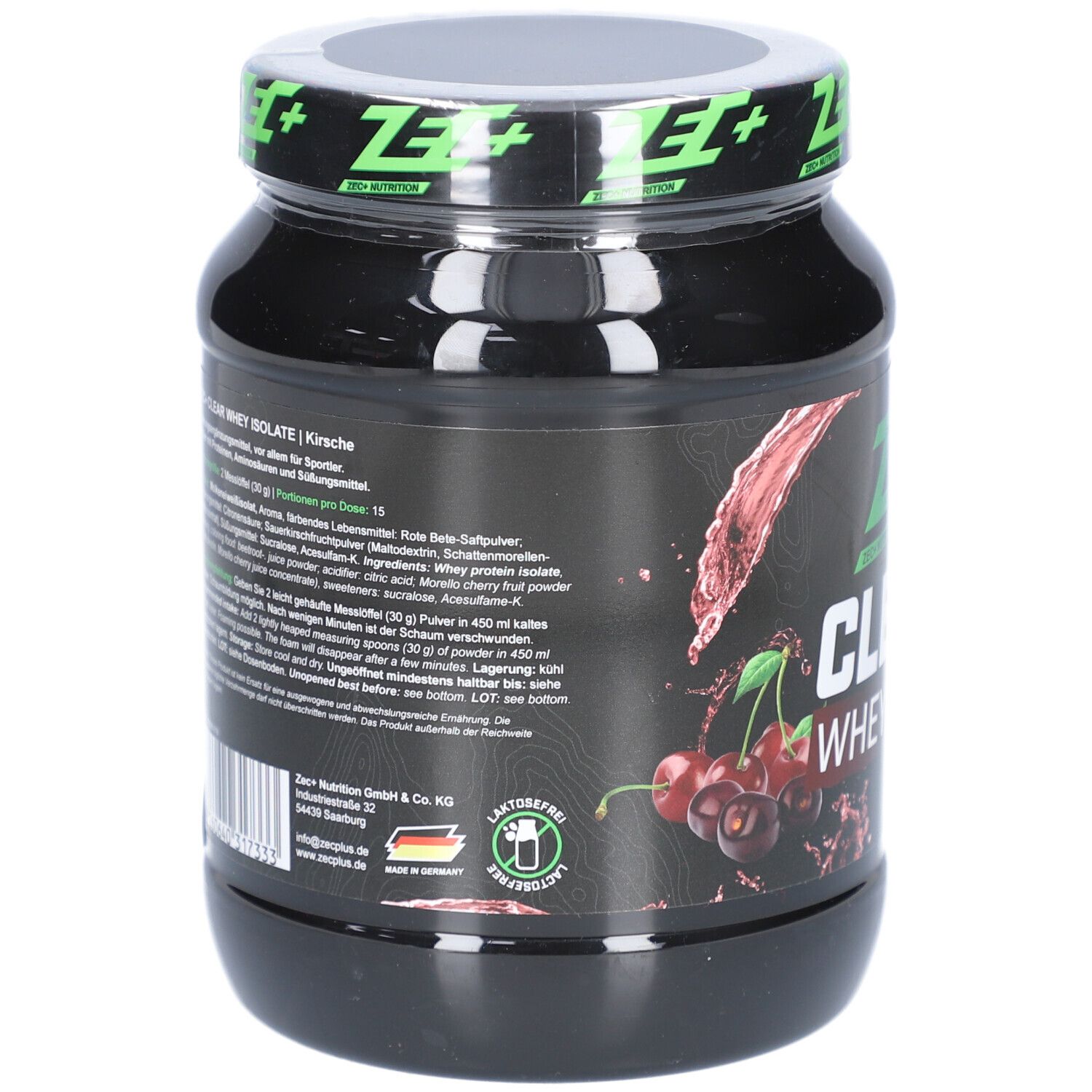 Schwarze Dose mit Etikett. Aufschrift: ZEC+ CLEAR WHEY ISOLATE. Kirsch-Grafik. Details und Nährwertangaben.