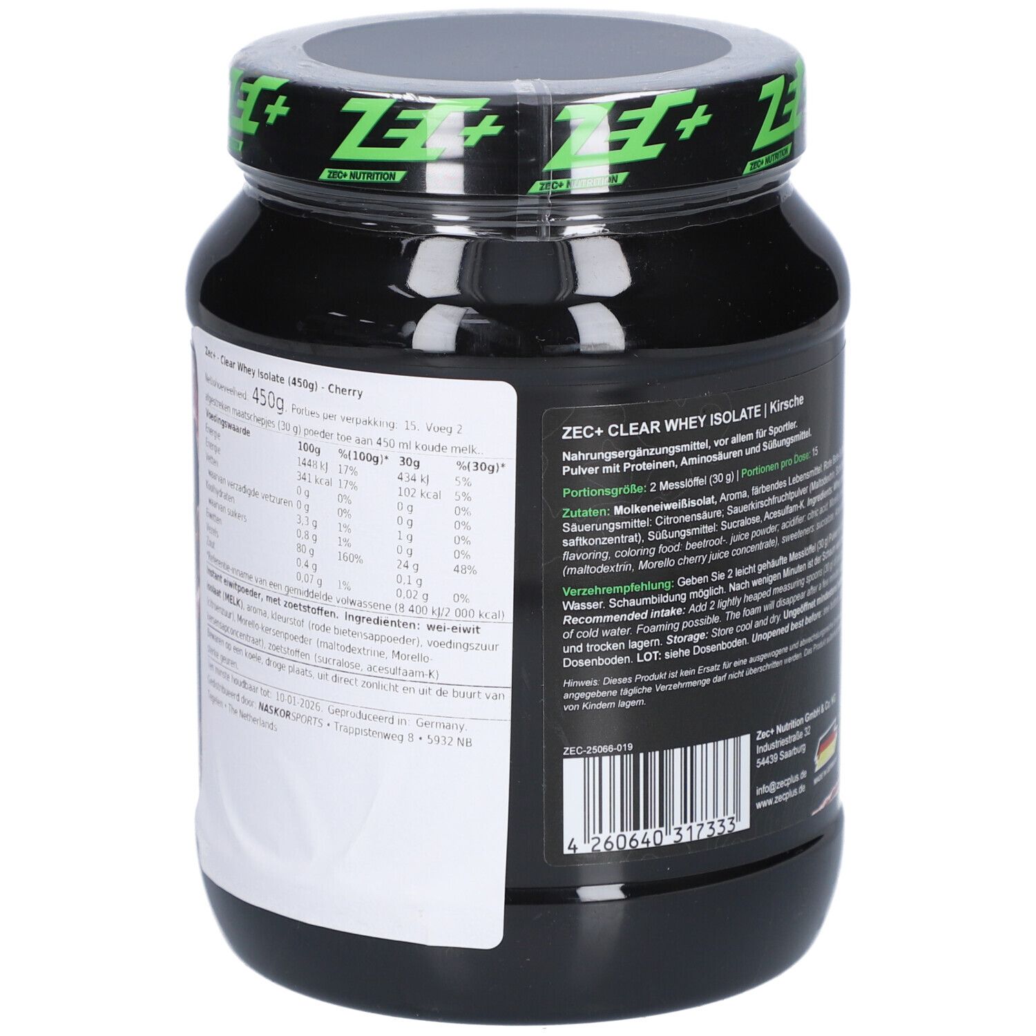 Schwarze Dose mit Etikett. Aufschrift: ZEC+ CLEAR WHEY ISOLATE. Nährwertangaben und Zutatenliste.