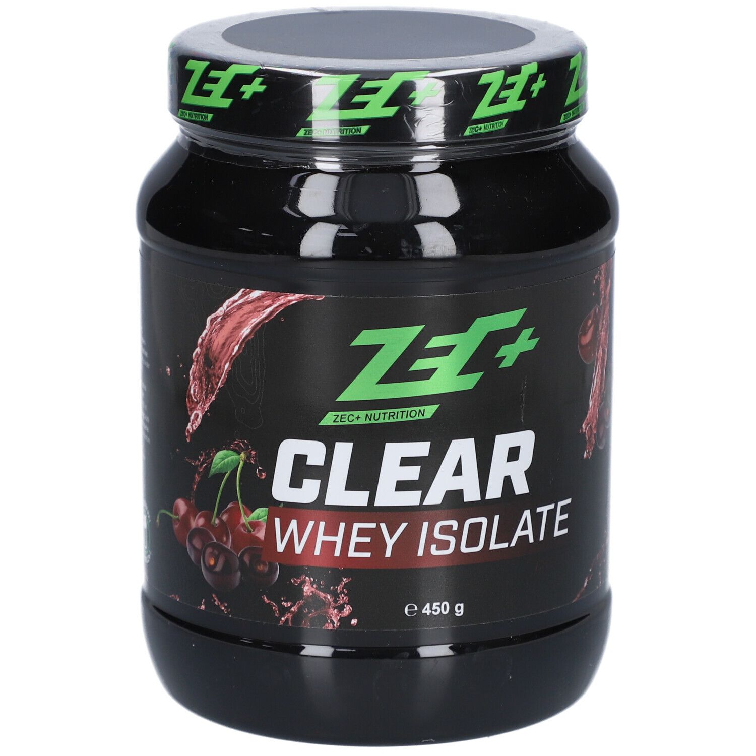 Schwarze Dose mit grünem Deckel. Aufschrift: ZEC+ CLEAR WHEY ISOLATE. Kirsch-Grafik. 450 g.
