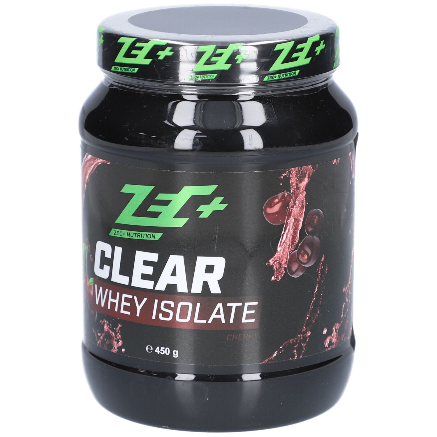Schwarze Dose mit grünem Deckel. Aufschrift: ZEC+ CLEAR WHEY ISOLATE. Kirsch-Grafik. 450 g.